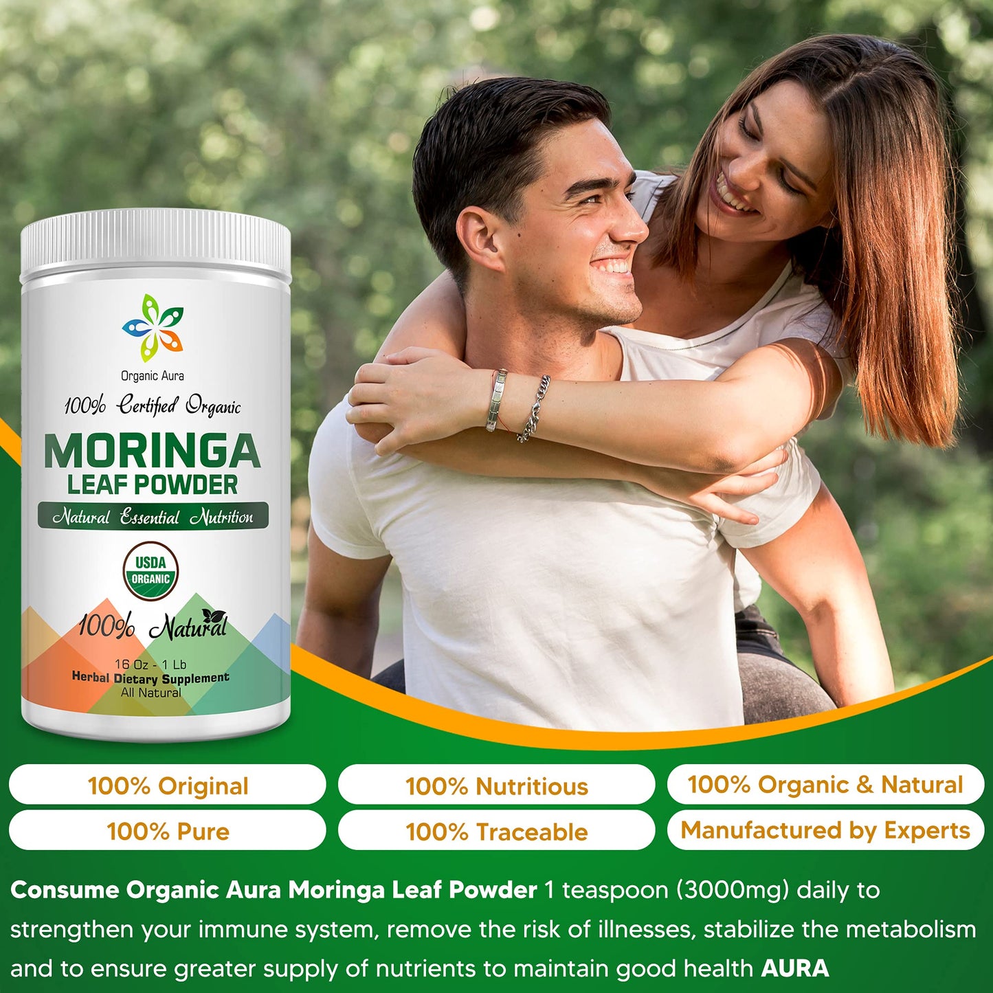 Organic Aura International Certified Organic Moringa Leaf Powder 8 oz