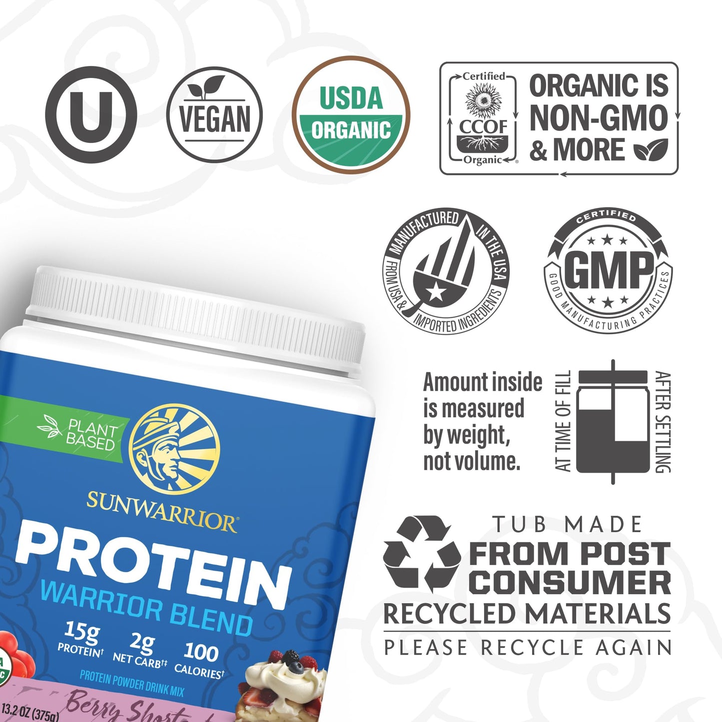 Sunwarrior Warrior Blend Plant Based Raw Vegan Protein Powder with Peas & Hemp Berry, 15 Servings