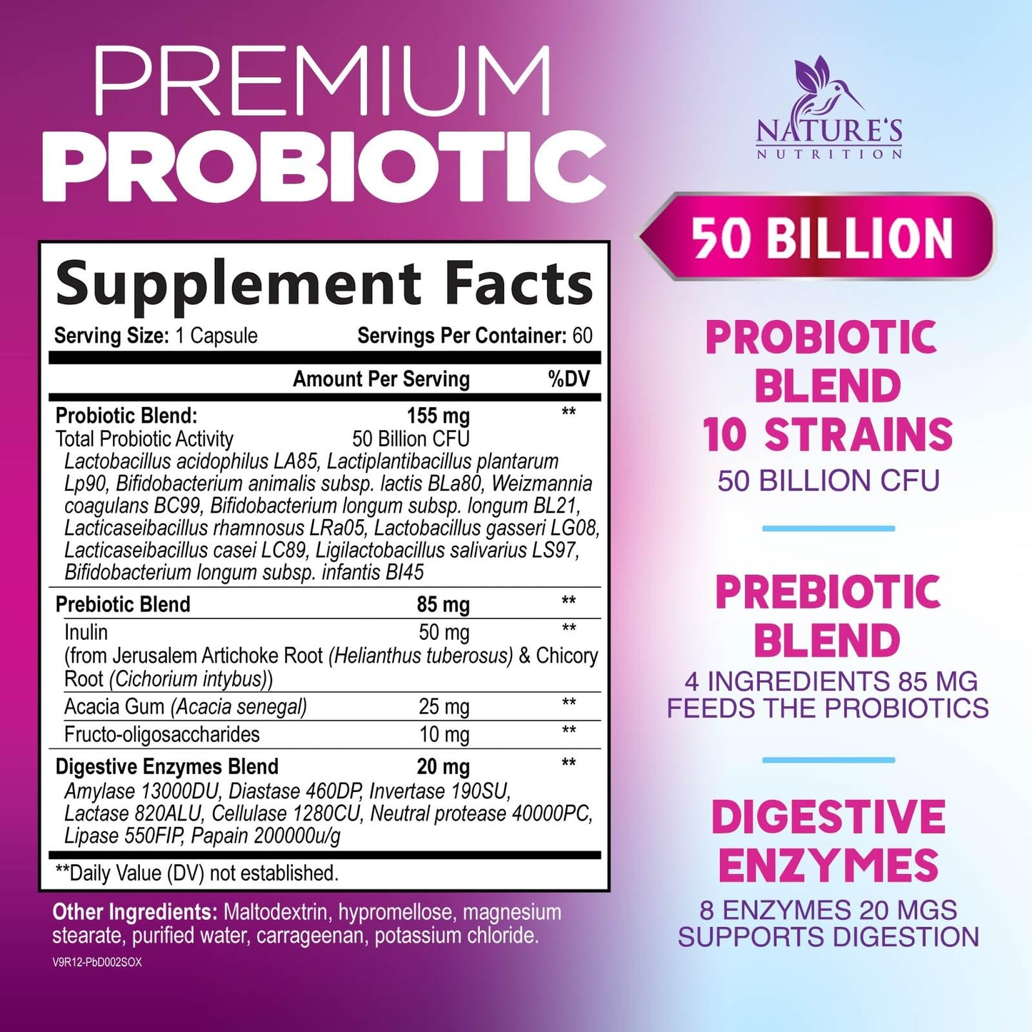 Nature's Nutrition Probiotics for Digestive Gut Health Capsules, 50 Billion CFU, 10 Premium Strains & Prebiotics, 60 Count