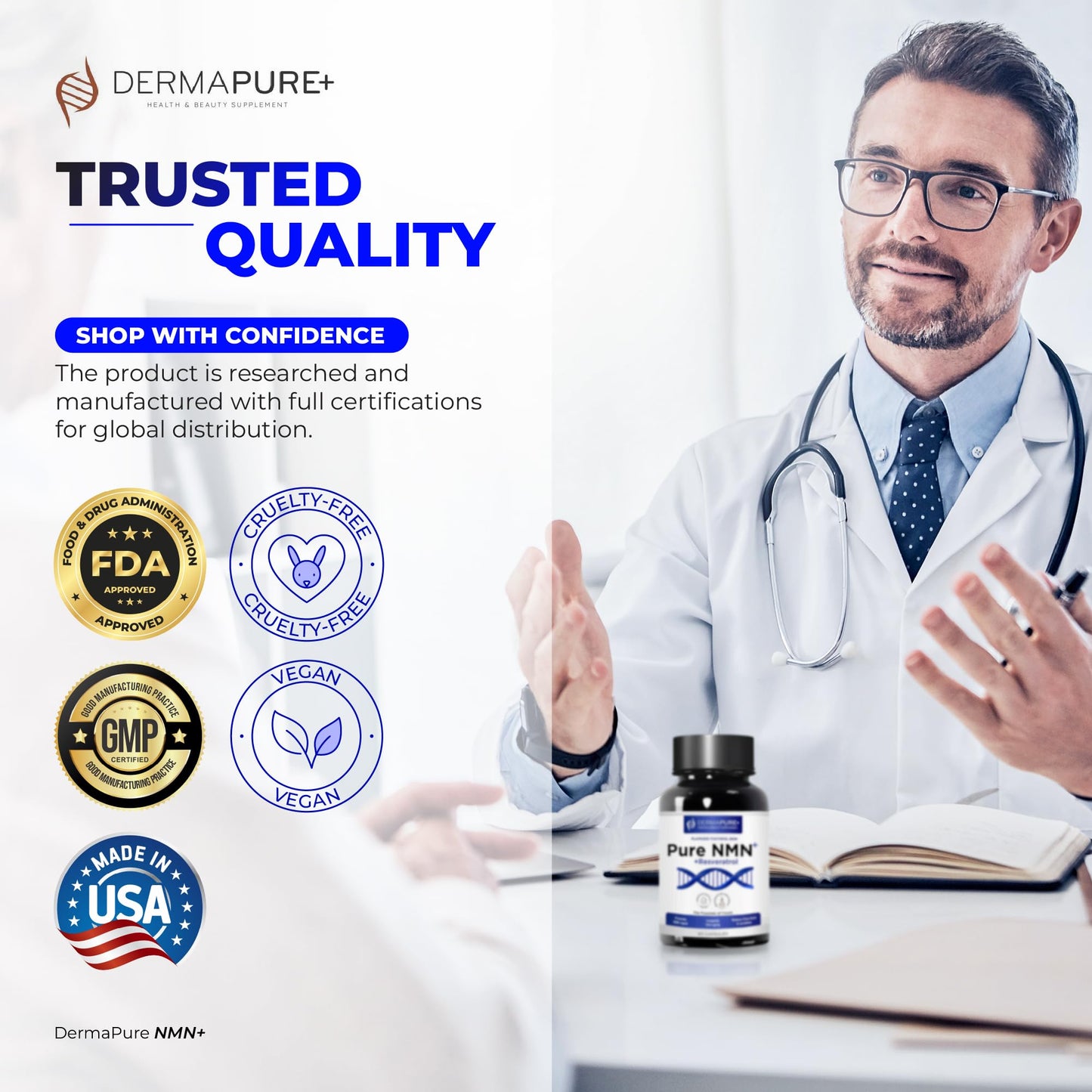 HVSun DermaPure+ NMN Supplement 4-in-1 for Youthful Skin and Longevity, Supports NAD+ Levels, 120 Capsules