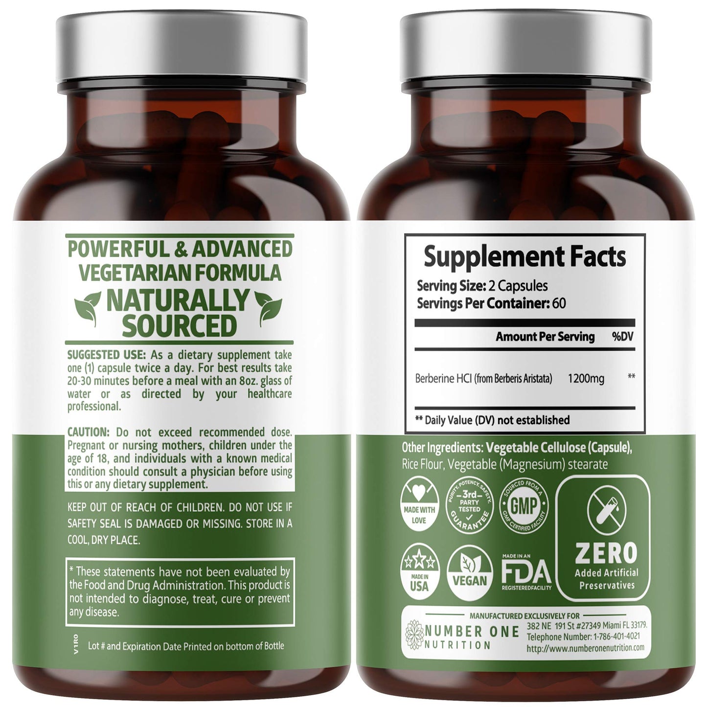 Number One Nutrition Berberine HCl Supplement 1200mg Pure Berberis Aristata Capsules, 120 Count