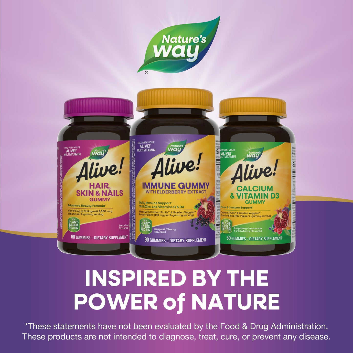Nature's Way Alive! Immune Support Gummies with Elderberry Extract, Vitamins C & D3, Zinc, No Gluten, Grape & Cherry Flavored, 90 Gummies