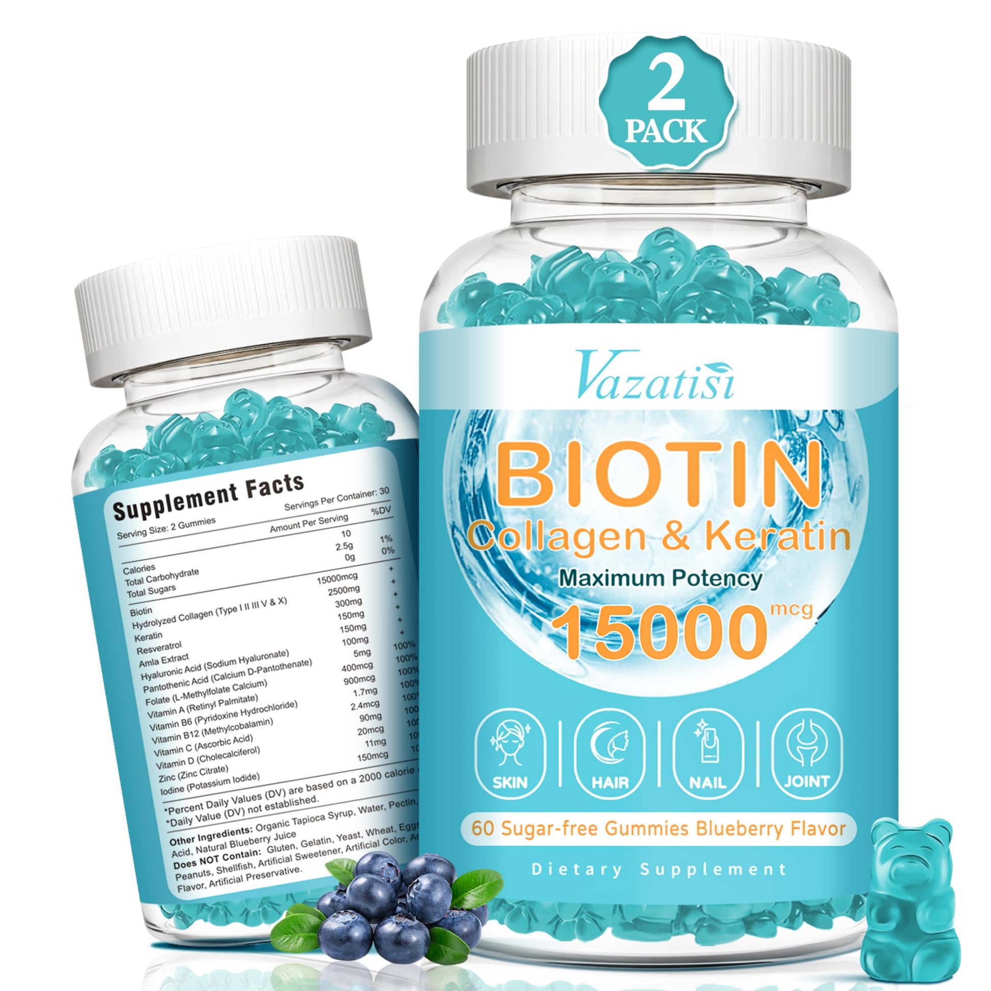 Vazatisi Biotin with Collagen Gummies for Hair, Skin & Nails, 120 Count