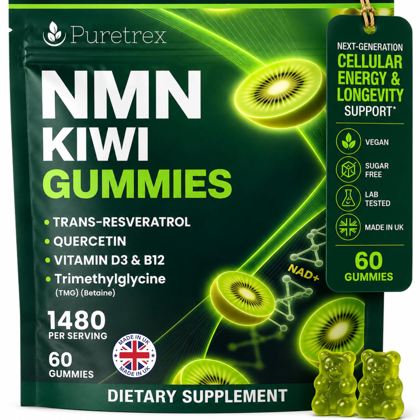 PURETREX NMN Gummies 500mg with Trans-Resveratrol 200mg, Vitamin D3 B12, 1 Count