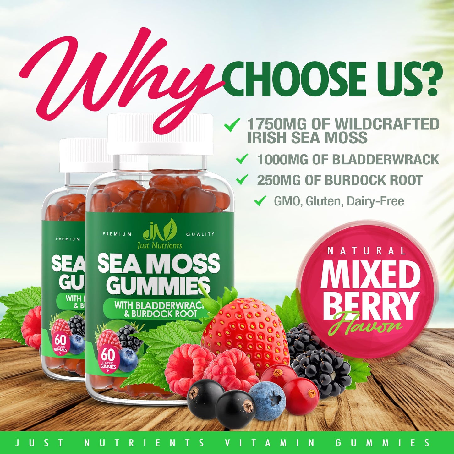 Just Nutrients Sea Moss 3000mg Gummies with Bladderwrack and Burdock Root, 60 Count