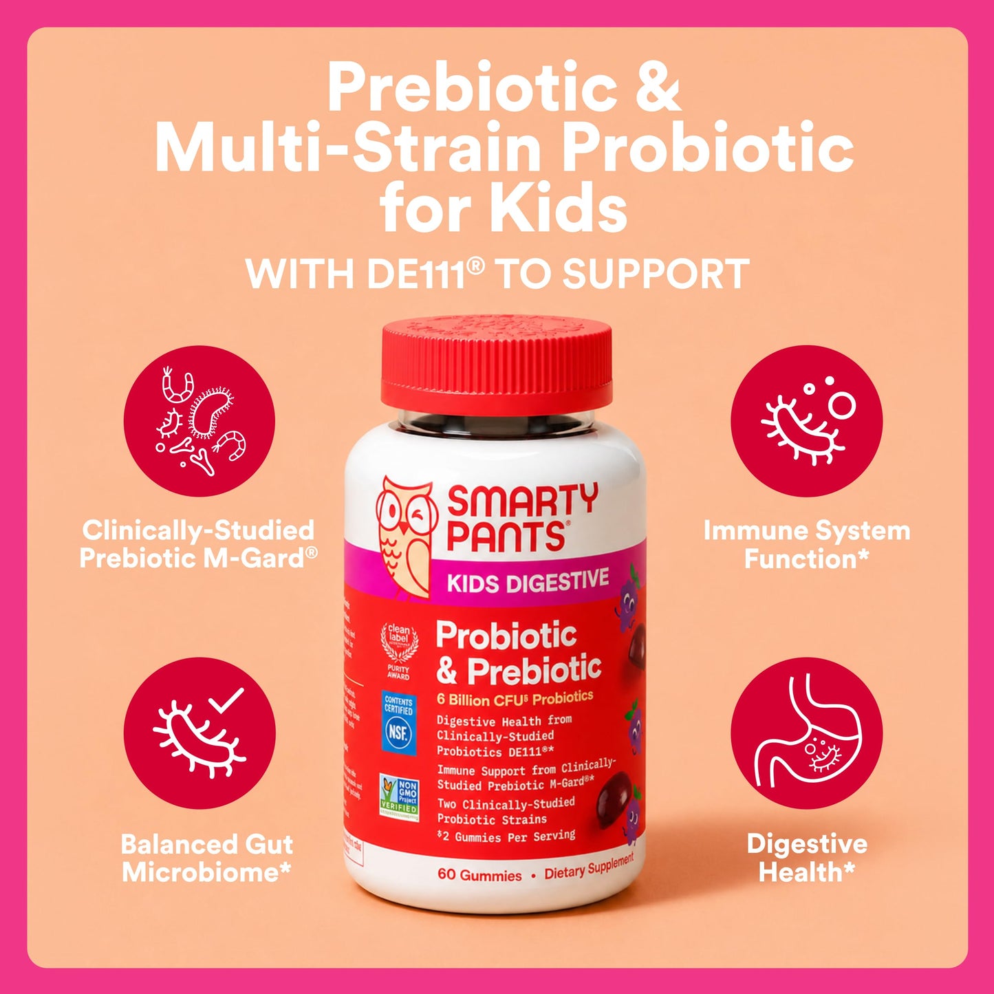 SmartyPants Kids Probiotic & Prebiotic Gummies for Digestive Health, 60 Count