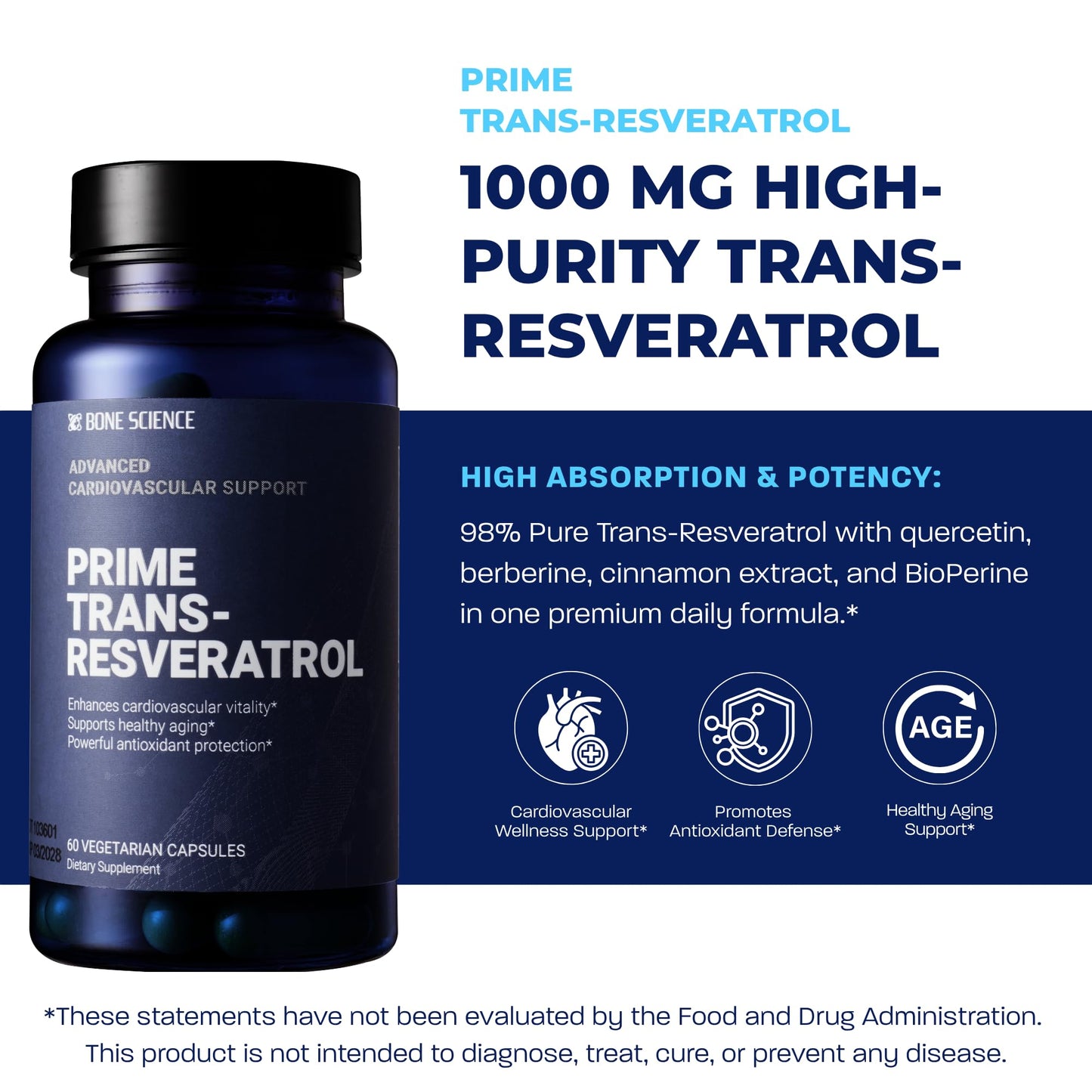 BONE SCIENCE Trans-Resveratrol 1000 mg Capsule, 60 Count