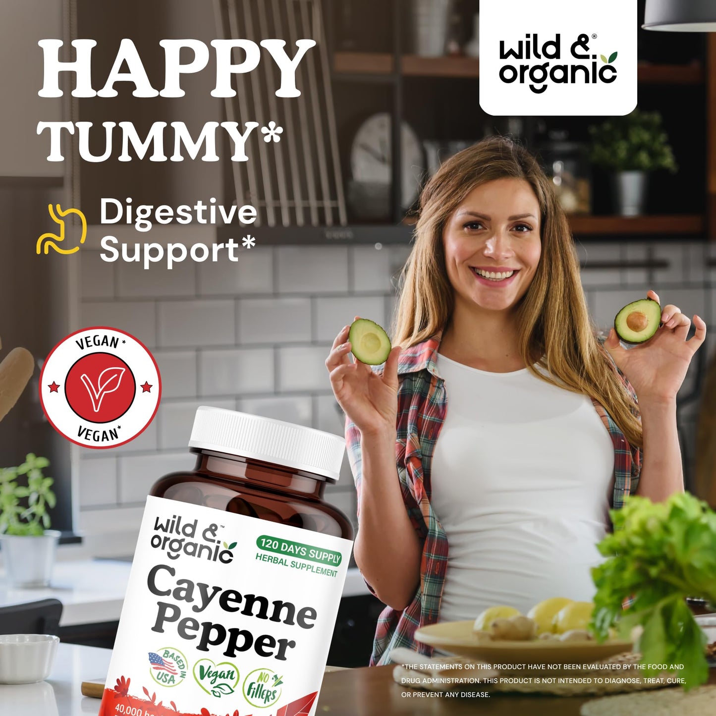 Wild & Organic Cayenne Pepper Capsules 500 mg Digestive Support Pure Cayenne Pepper Extract Capsaicin Supplements Vegan No Fillers Non-GMO, 120 Capsules