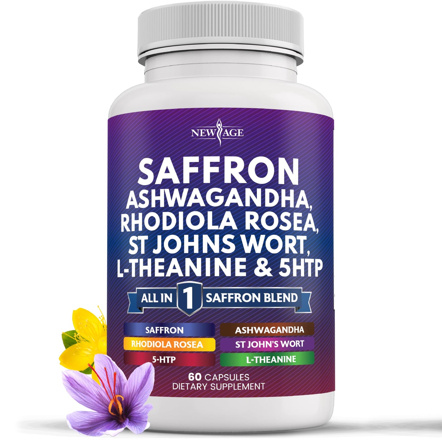 NEW AGE Saffron Supplements with Ashwagandha Capsules, 60 Count