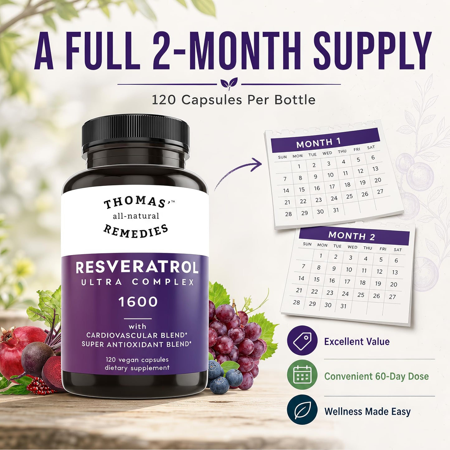 Thomas' all-natural Remedies Resveratrol 1600mg Organic Trans-Resveratrol Antioxidant Supplement with Organic Grape Seed Extract and Quercetin, Anti-Aging and Cardiovascular Support, 120 Capsules