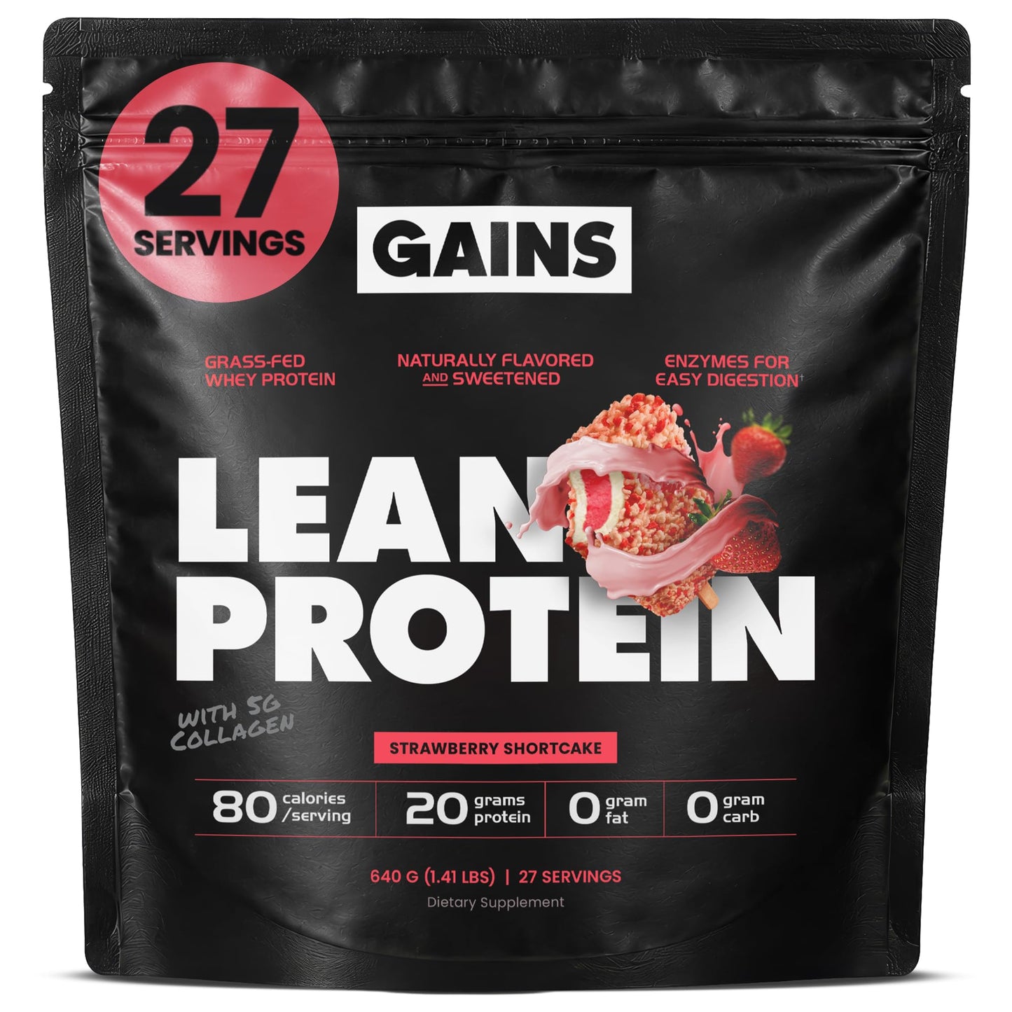 Gains in Bulk Lean Grass-Fed Whey Protein Powder With Collagen Peptides, 27 Servings