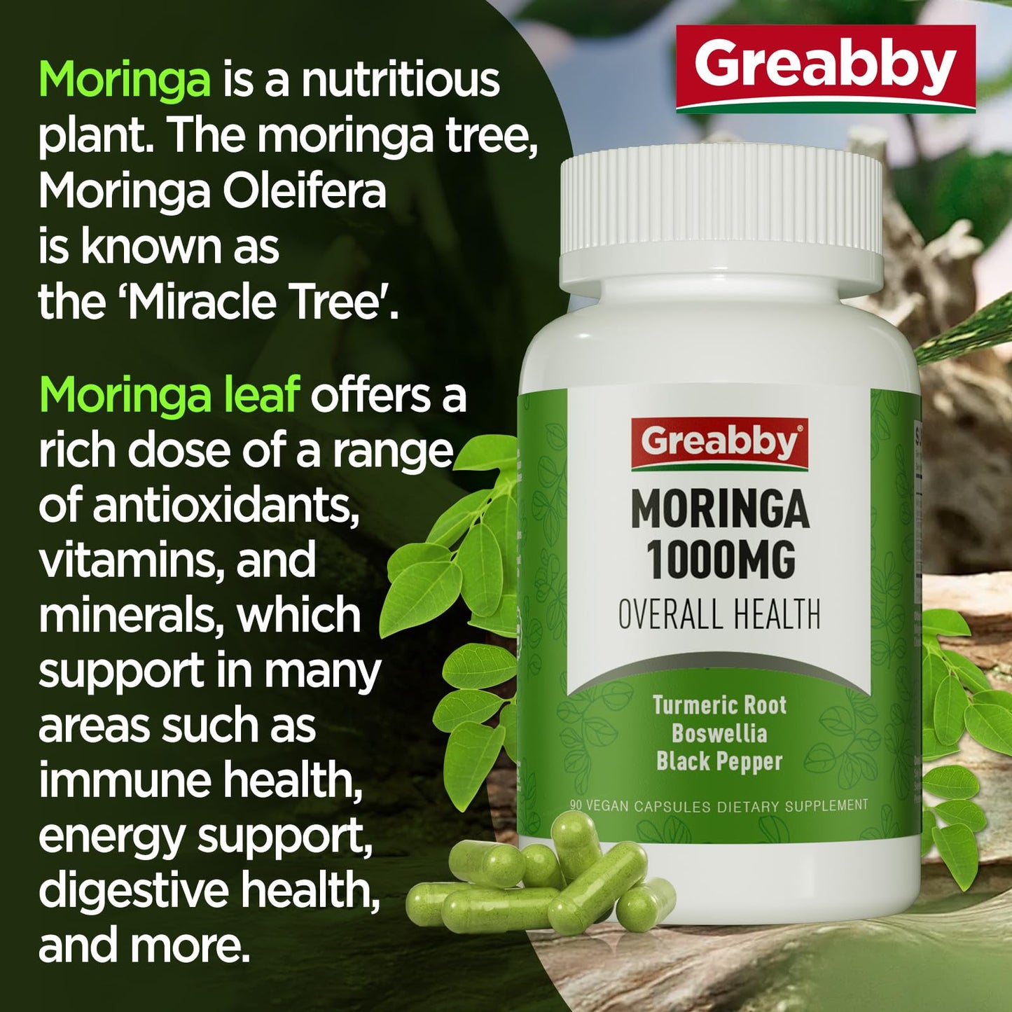 GREABBY Moringa Capsules with Turmeric & Boswellia, Immune Health Support, 90 Capsules