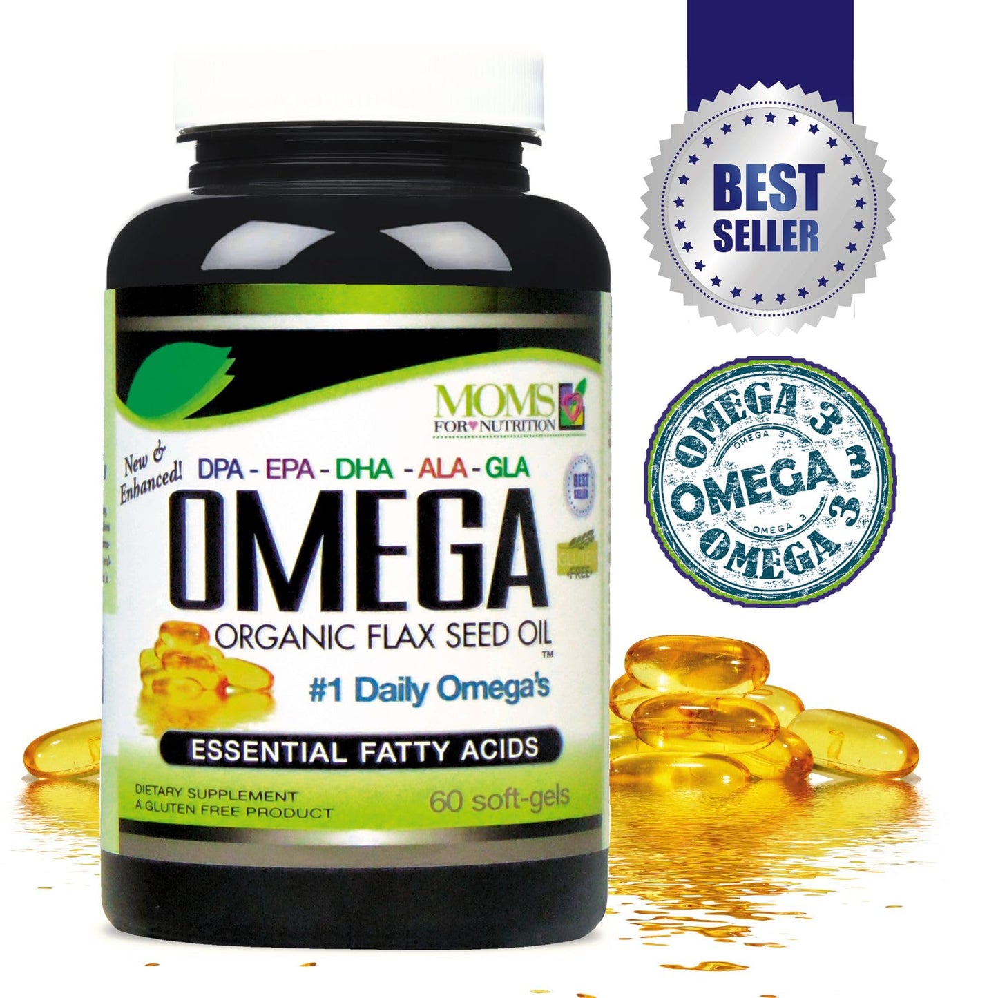 Moms For Nutrition Natural Omega 3-6-9 Blend with DPA, EPA, DHA, ALA and GLA and Organic Flax Seed Oil Plus Wild-Caught Natural Fish Oil - Over 2,800 mg Strength - 60 Softgels