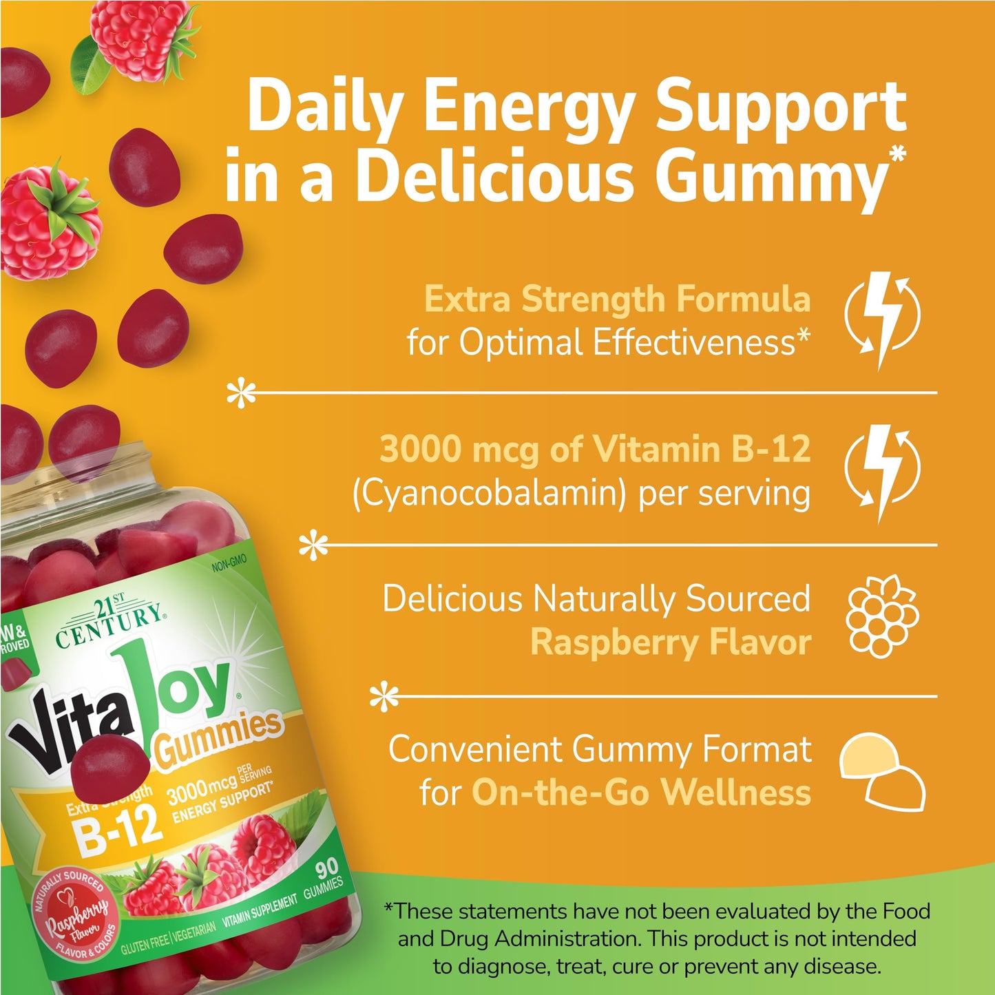 21st Century Vitamin B12 Gummies 3000 mcg, Extra Strength, Energy & Nerve Support, Raspberry, 90 Gummies