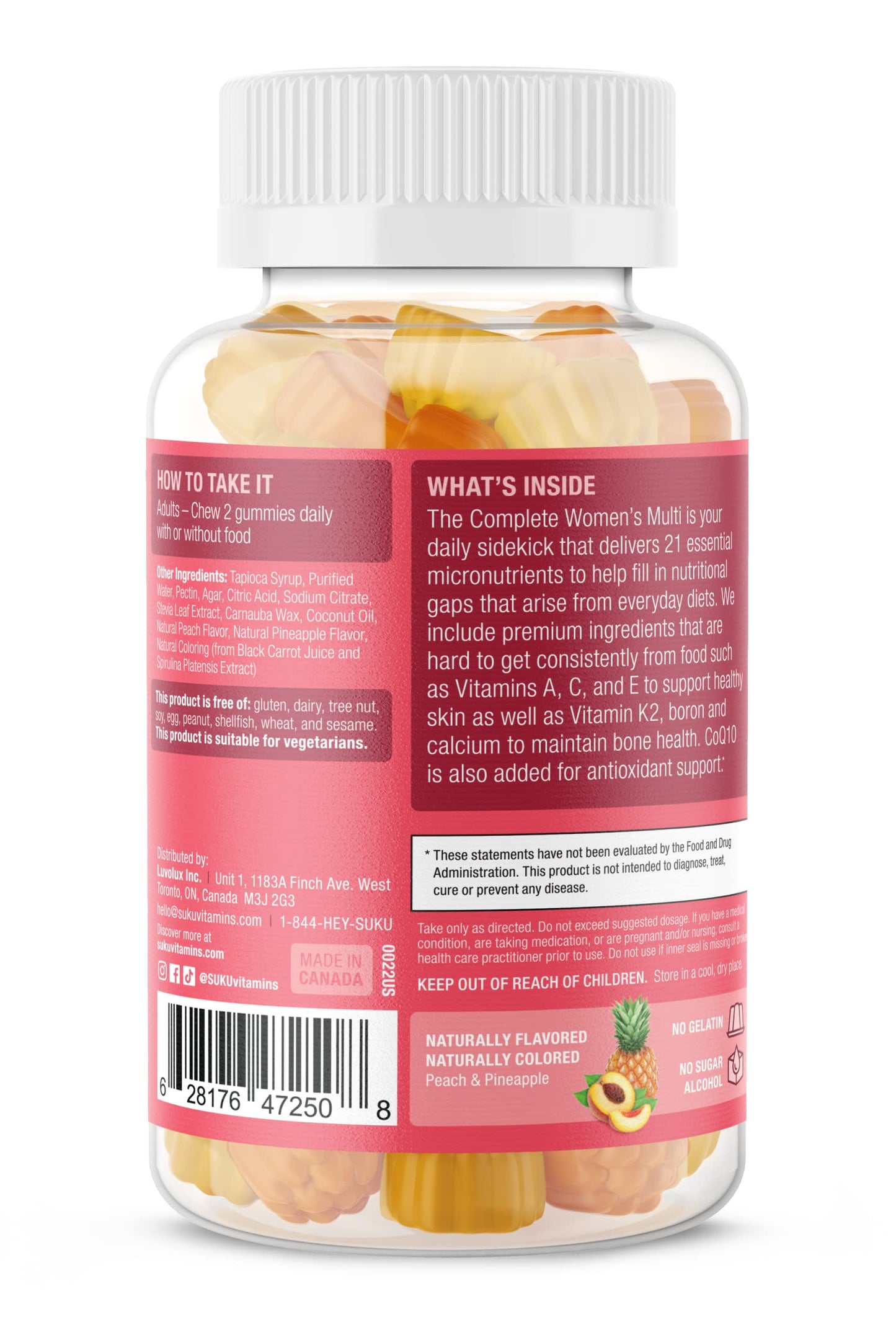 SUKU Complete Women's Multi Gummy Vitamins with Boron, Vitamin K2, B12, A and More - Pineapple & Peach Flavor, Non-GMO, Gluten Free, Sugar Free, 60 Count