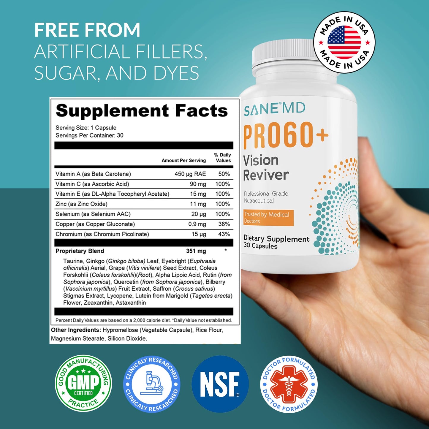 SANE PRO60+ Vision Reviver™ Eye Supplement for Adults 30 Capsules