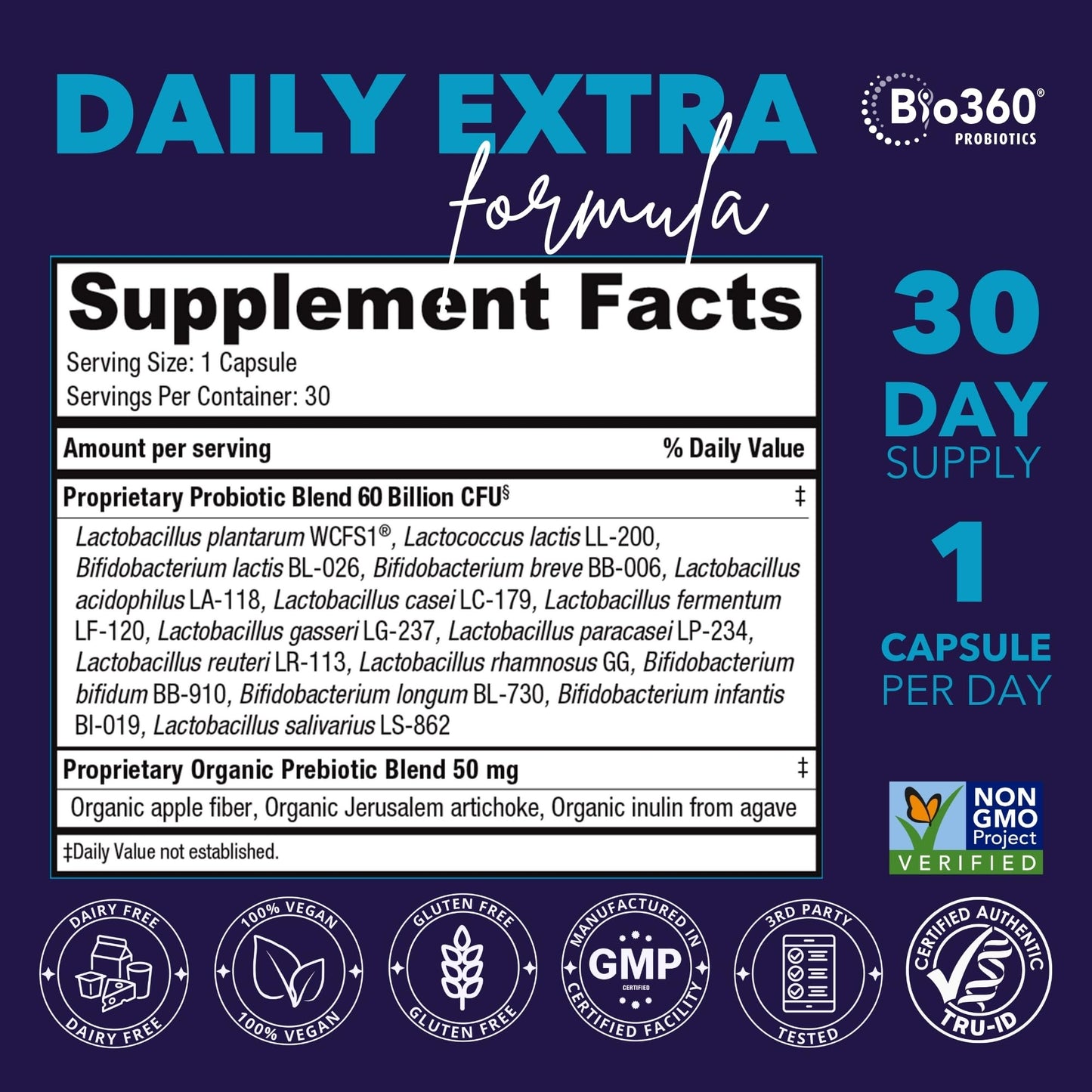 Bio360 Extra Strength Probiotic for Digestive Health & Immune Support, 60 Billion CFU & 15 Strains, Capsules, 30 Count
