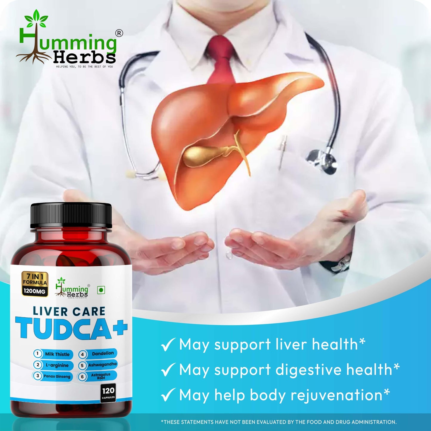 Humming Herbs TUDCA Supplement 7in1 Complex with Milk Thistle, L-Arginine, Ashwagandha, Dandelion, Astragalus Root 120 Capsules