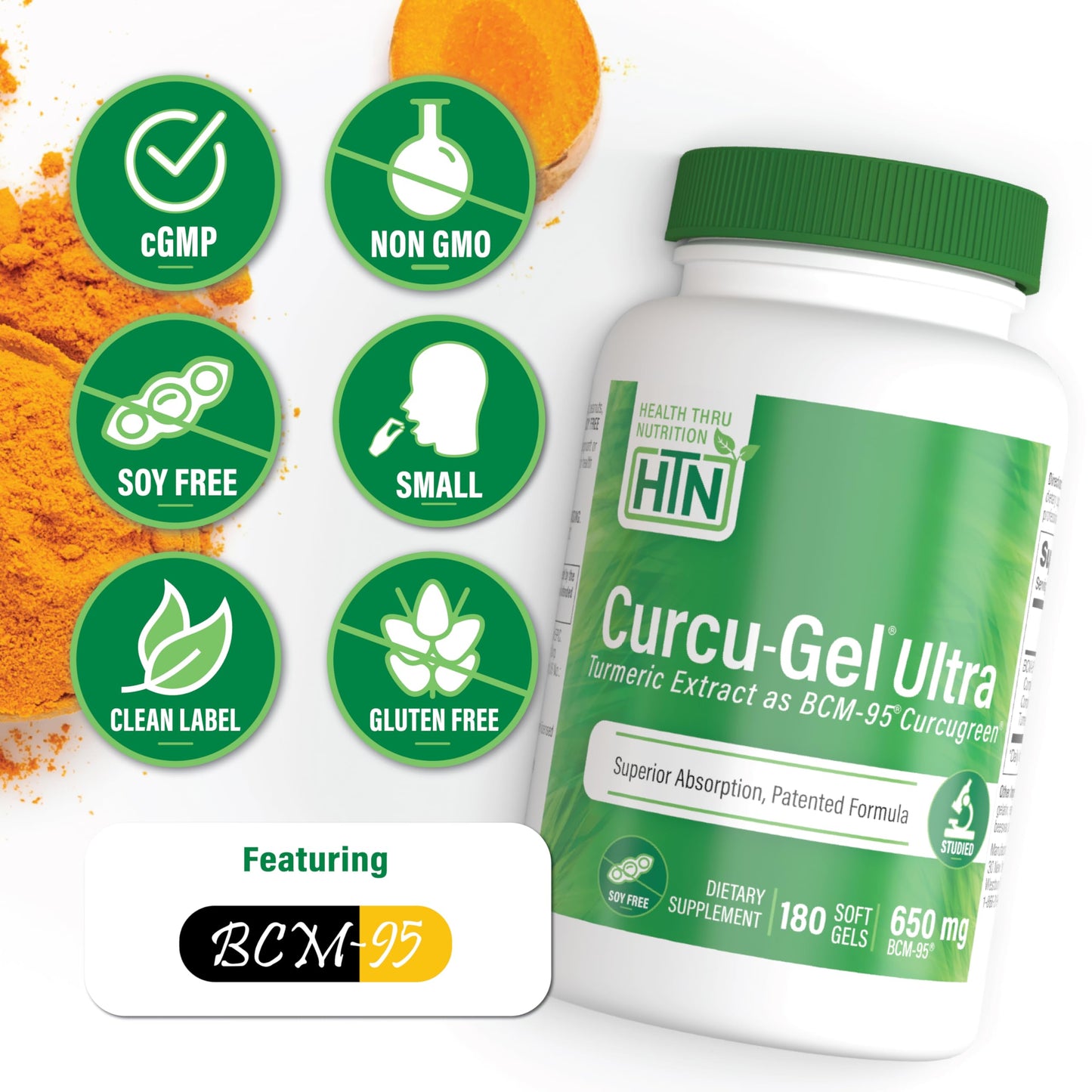 Health Thru Nutrition Curcu-Gel 650mg BCM-95 CurcuGreen Turmeric Curcumin Capsules, 180 Count