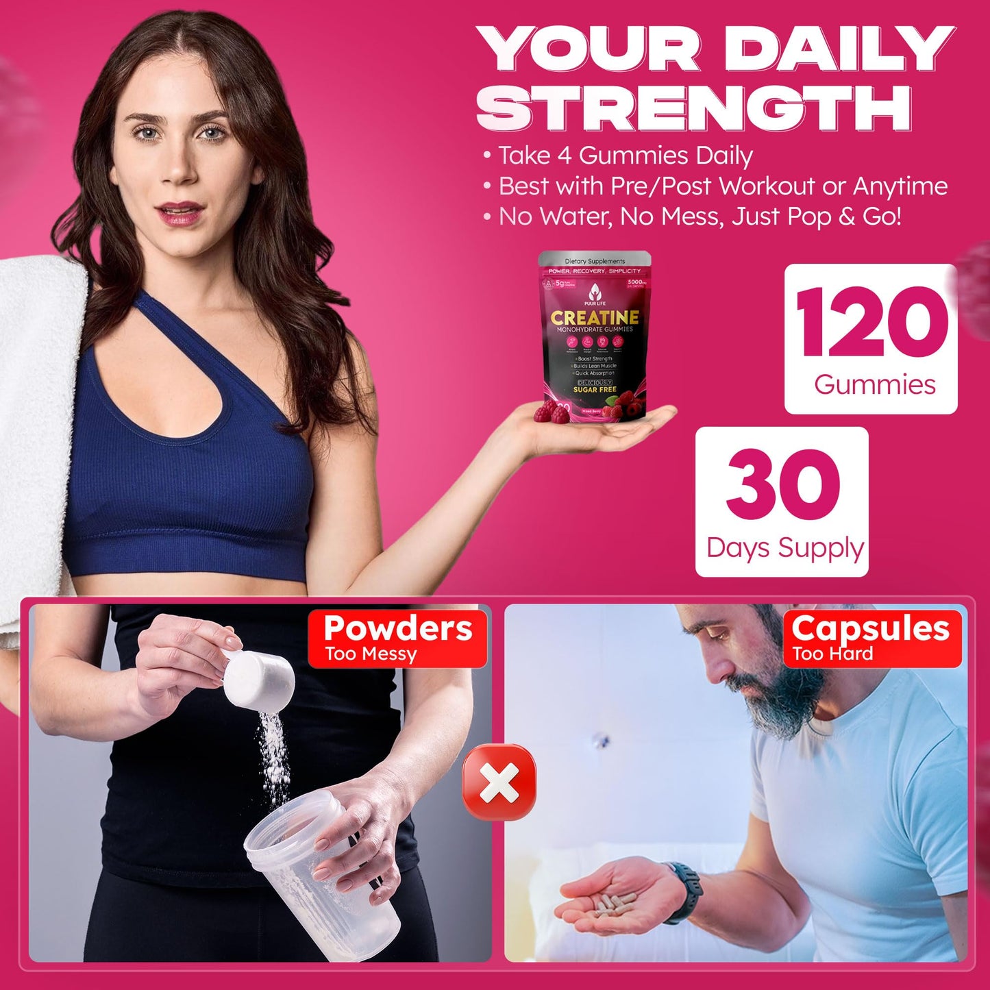 PUUR LIFE Creatine Monohydrate Gummies 5000mg, 120 Count