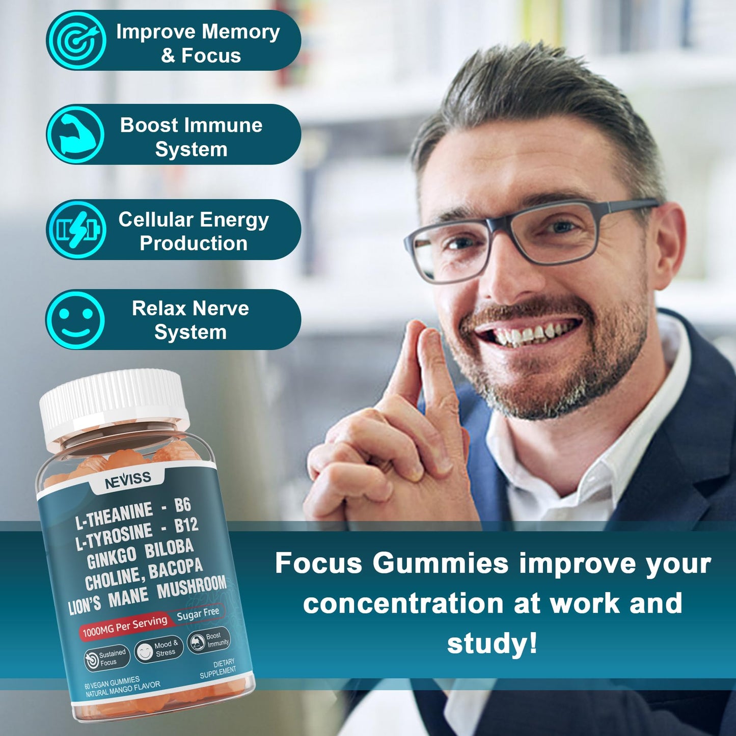 NEVISS Sugar Free L-Tyrosine Gummies with L-Theanine 200mg, B6 100mg, B12 500mcg, Brain Health Herbs 300mg with Ginkgo Biloba, Rhodiola Rosea, Lion's Mane for Sustained Focus & Energy, 60 Gummies