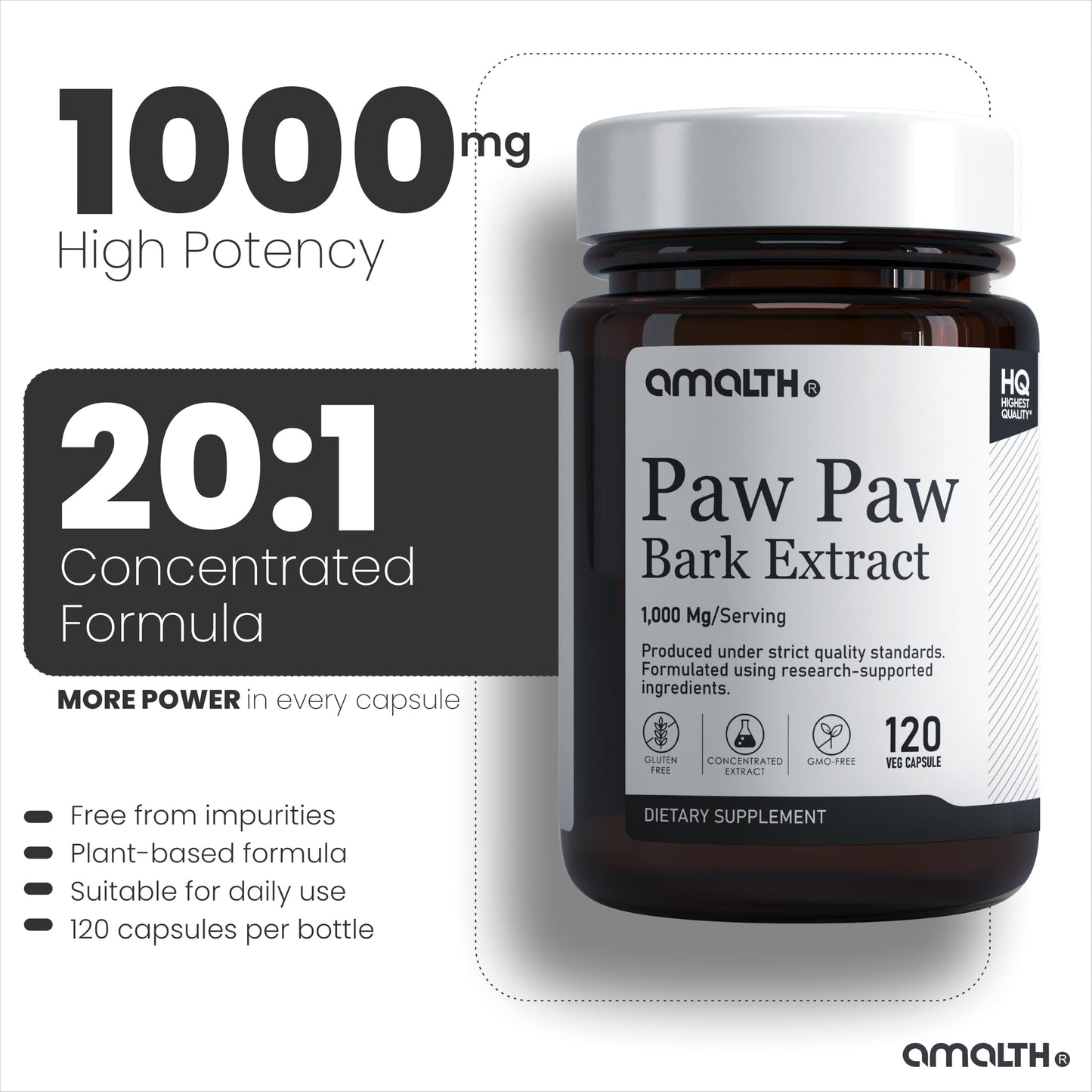 AMALTH Paw Paw Extract 1000 mg (20:1) 120 Capsules