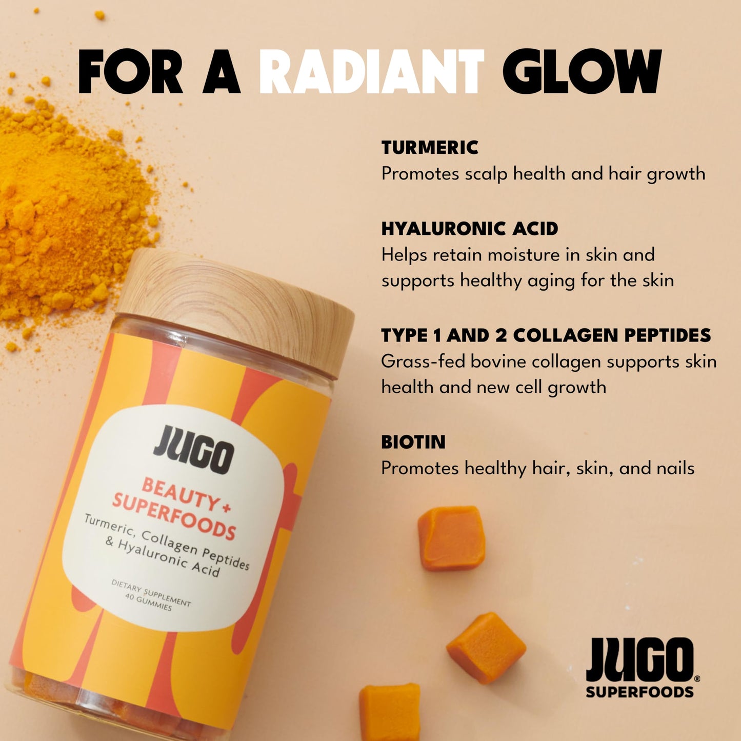 Jugo Beauty + SUPERFOODS Hair, Skin and Nails Collagen Gummies with Hyaluronic Acid and Turmeric, Gummy, 40 Count