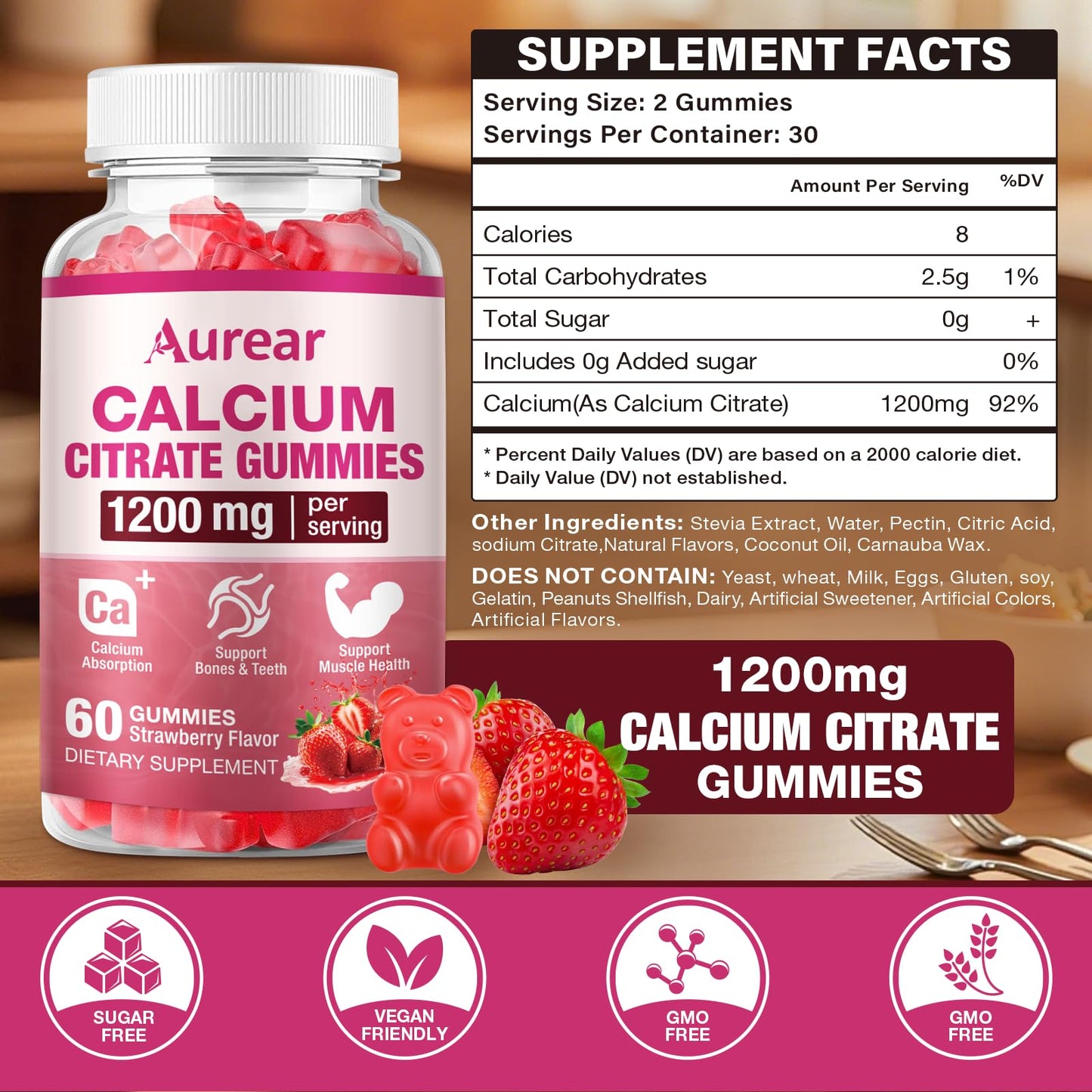Aurear Calcium Citrate Gummies 1200mg Chewable Calcium Supplement, 120 Count