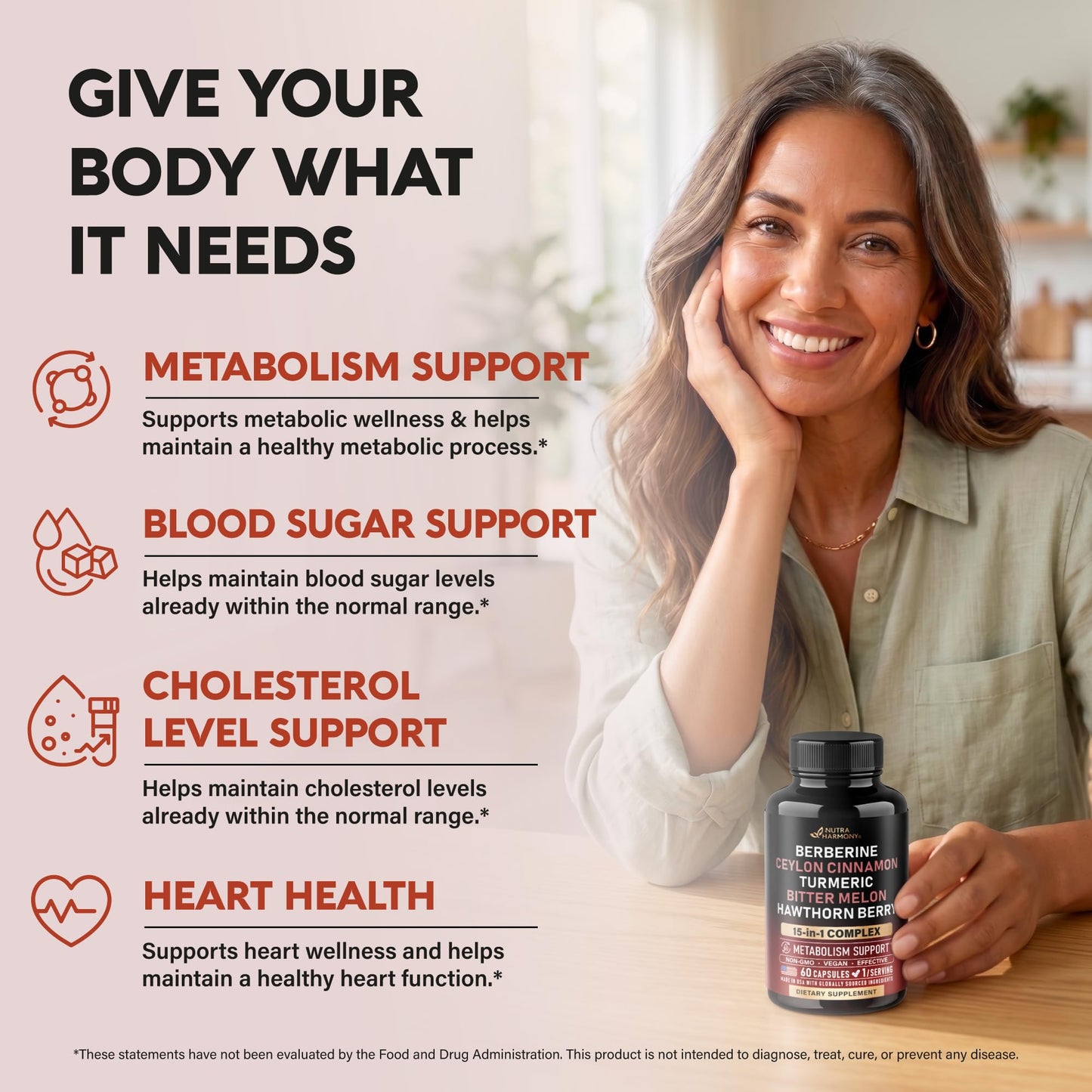 NUTRAHARMONY Berberine with Ceylon Cinnamon, Bitter Melon (Karela), Apple Cider Vinegar, Hawthorn Berry, Citrus Bergamot, Turmeric - 15in1 Heart Metabolism & Energy Support Capsules, 60 Count