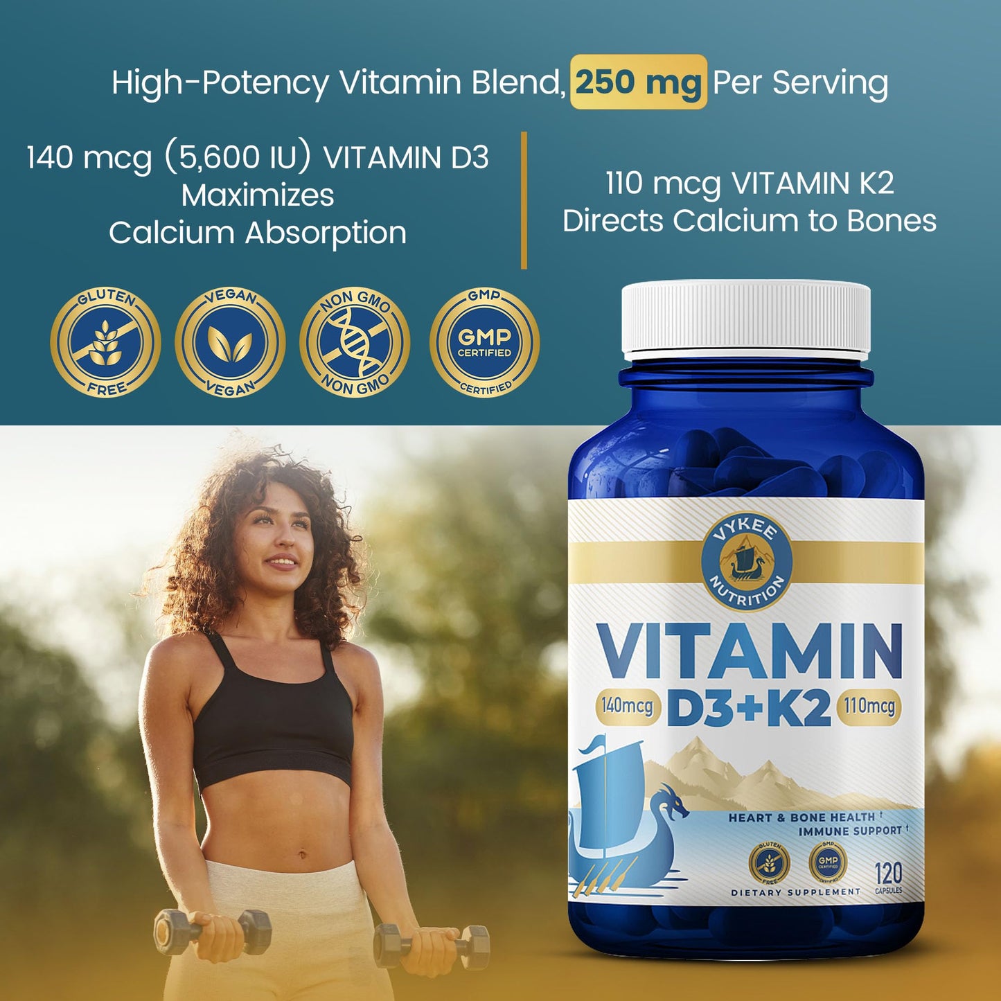 Vykee Nutrition High Potency Vitamin D3 K2 Complex Caplets 120