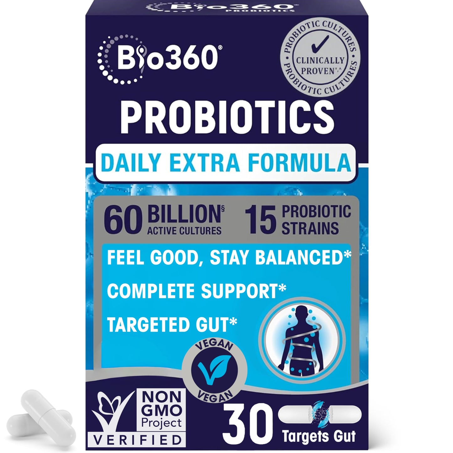 Bio360 Extra Strength Probiotic for Digestive Health & Immune Support, 60 Billion CFU & 15 Strains, Capsules, 30 Count
