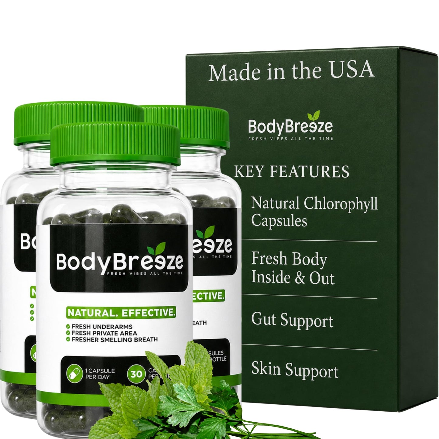 BodyBreeze Internal Deodorant Supplement with Natural Chlorophyll Capsules, 90 Capsules