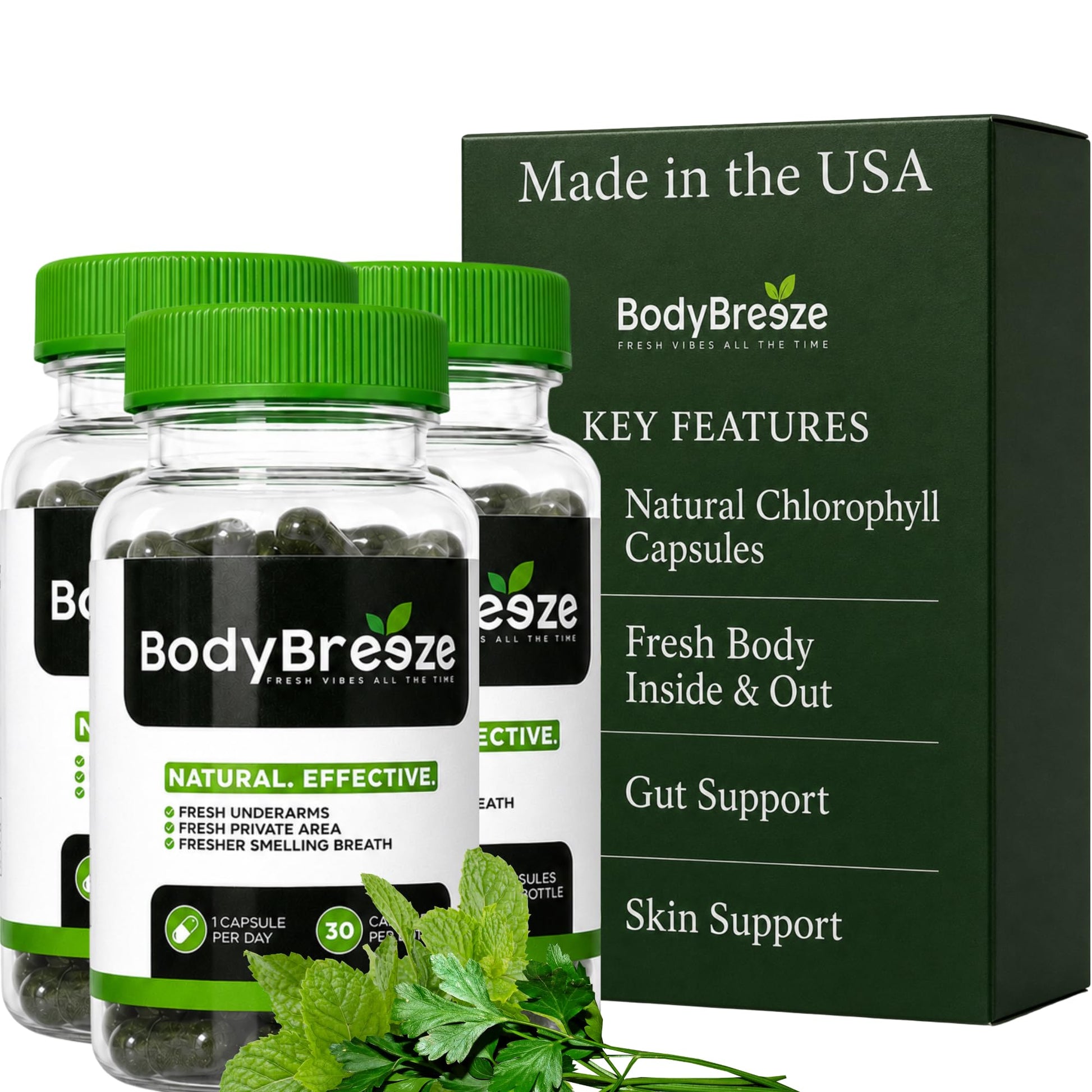 BodyBreeze Internal Deodorant Supplement with Natural Chlorophyll Capsules, 90 Capsules