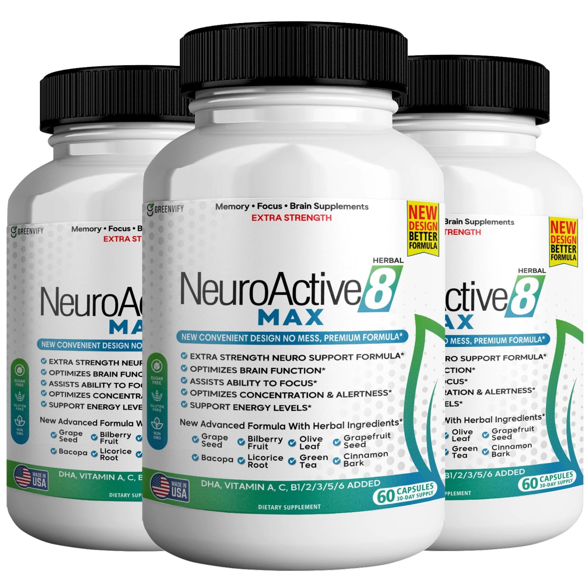GREENVIFY NeuroActive 8 Max Brain Support Supplement, Extra Strength Formula, Memory and Focus Support 180 Capsules