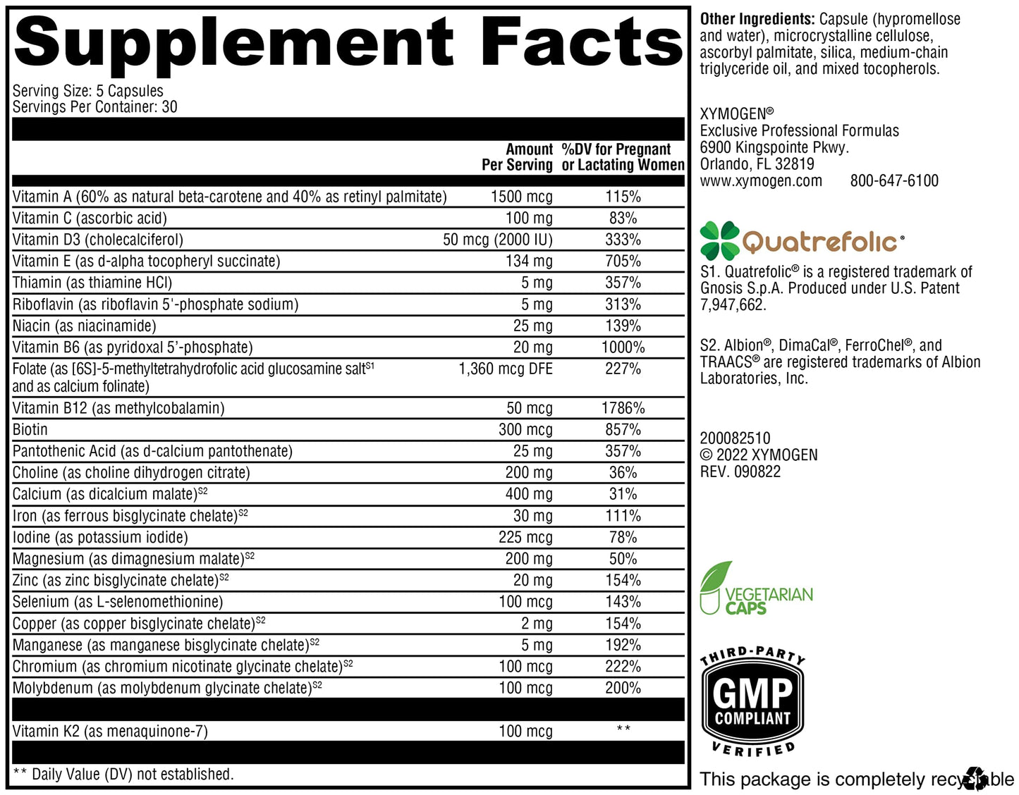 XYMOGEN Prenatal Essentials Prenatal Multivitamin & Mineral Support, 5-MTHF & Essential Nutrients, Gentle on Stomach, Vegetarian, 150 Capsules