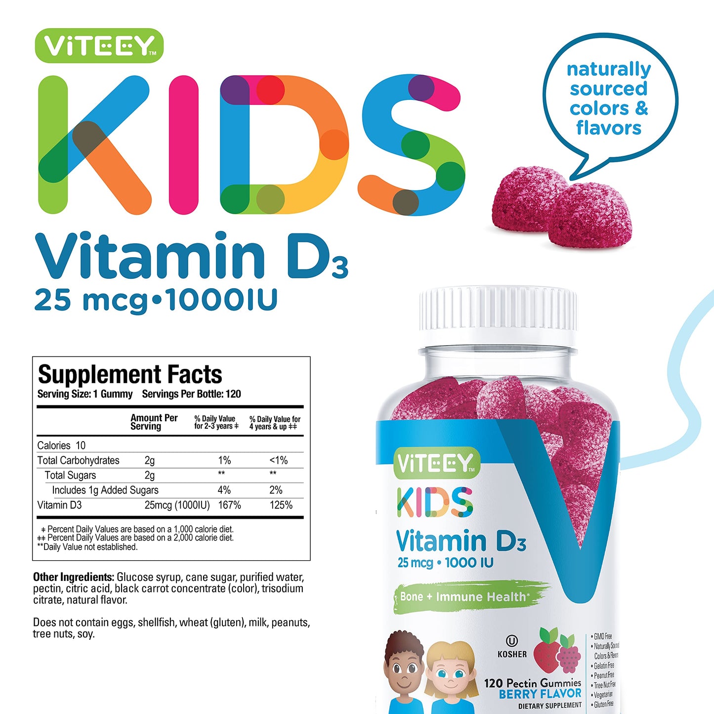 Viteey Vitamin D3 Kids Gummies 25mcg (1000 IU) 120 Count