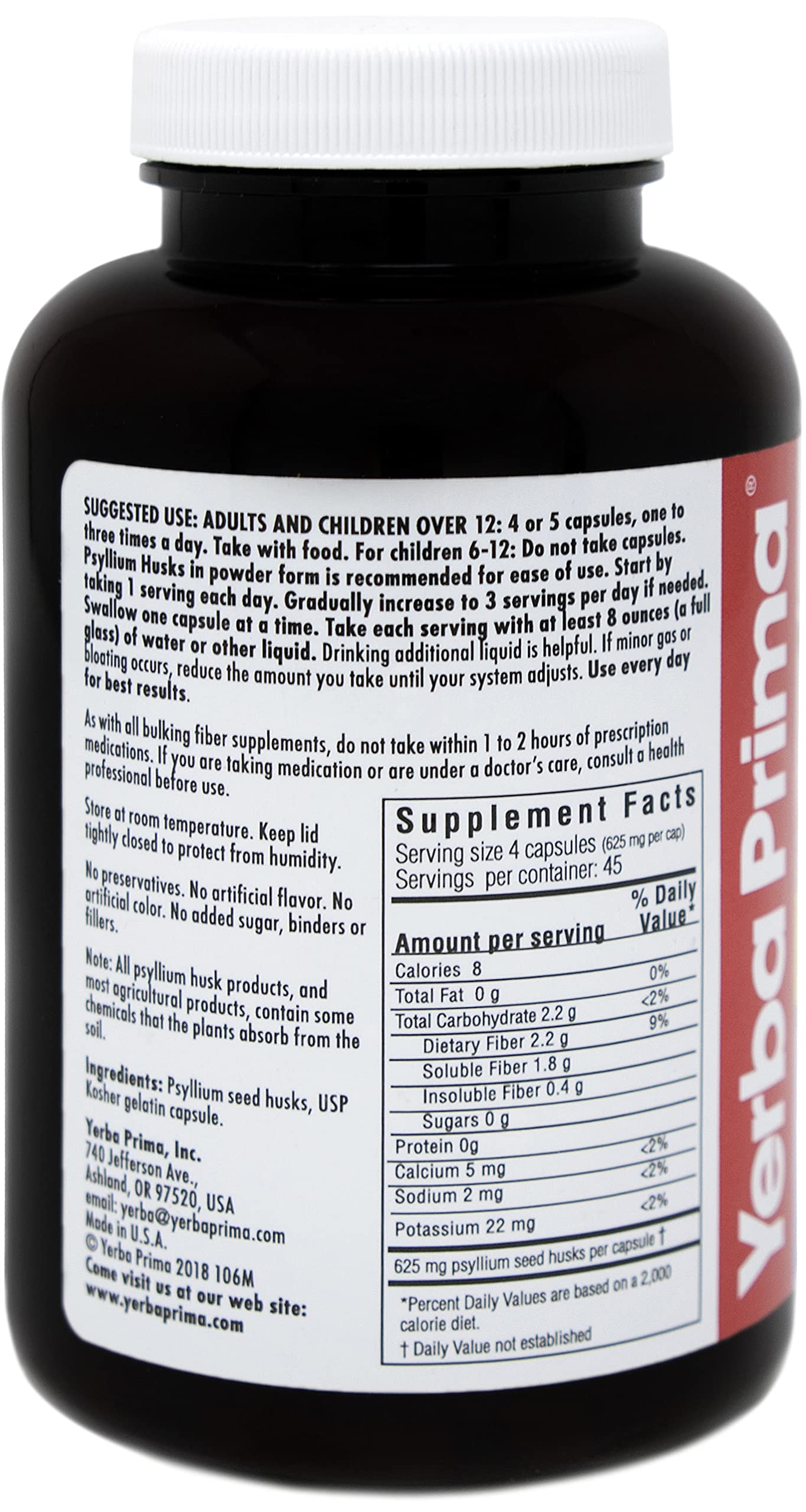 Yerba Prima Psyllium Husks Capsules, 180 Capsules
