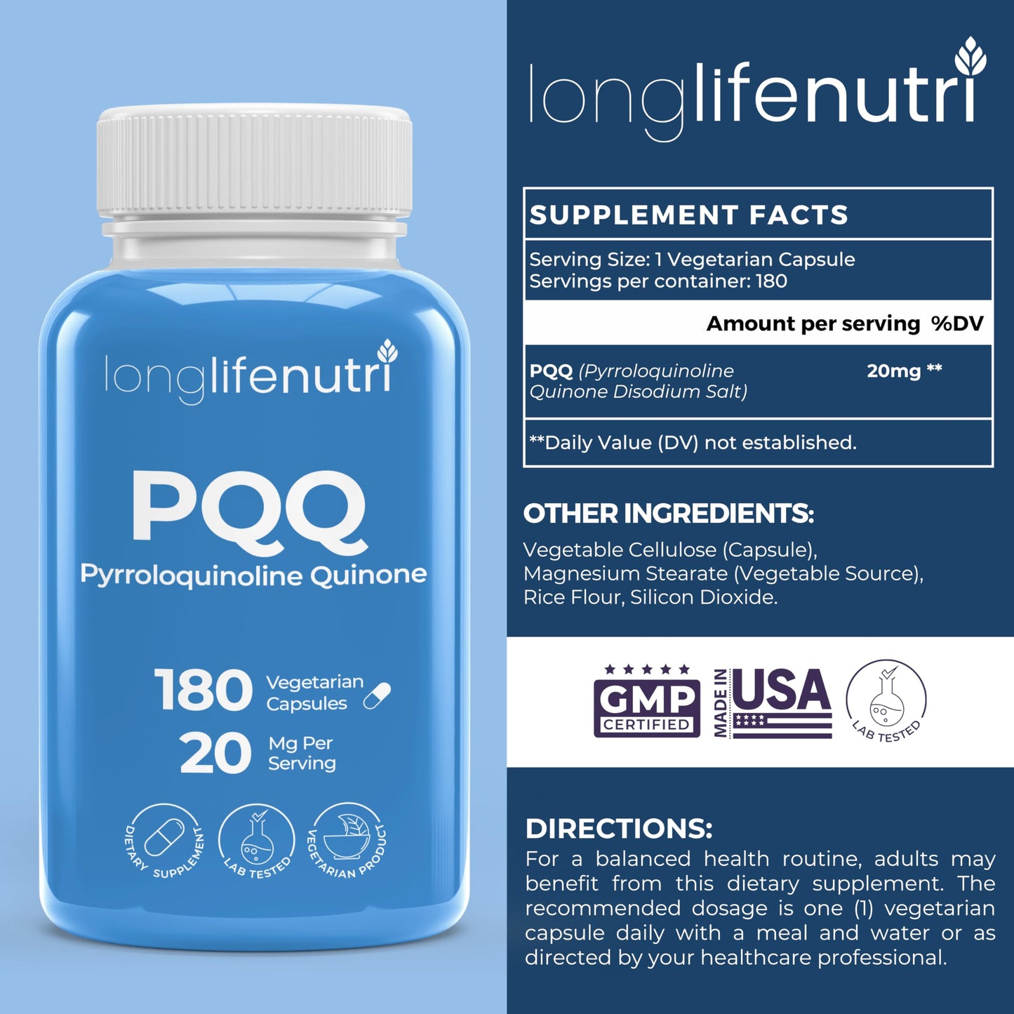 LongLifeNutri PQQ 20mg Capsules, 180 Count