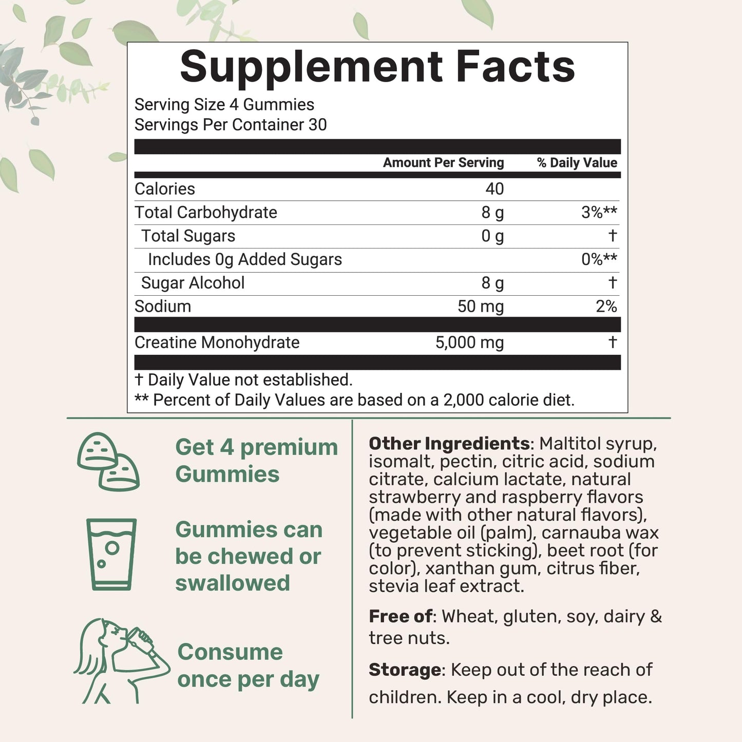 Micro Ingredients Creatine Monohydrate Gummies 5,000mg Per Serving, 120 Gummies