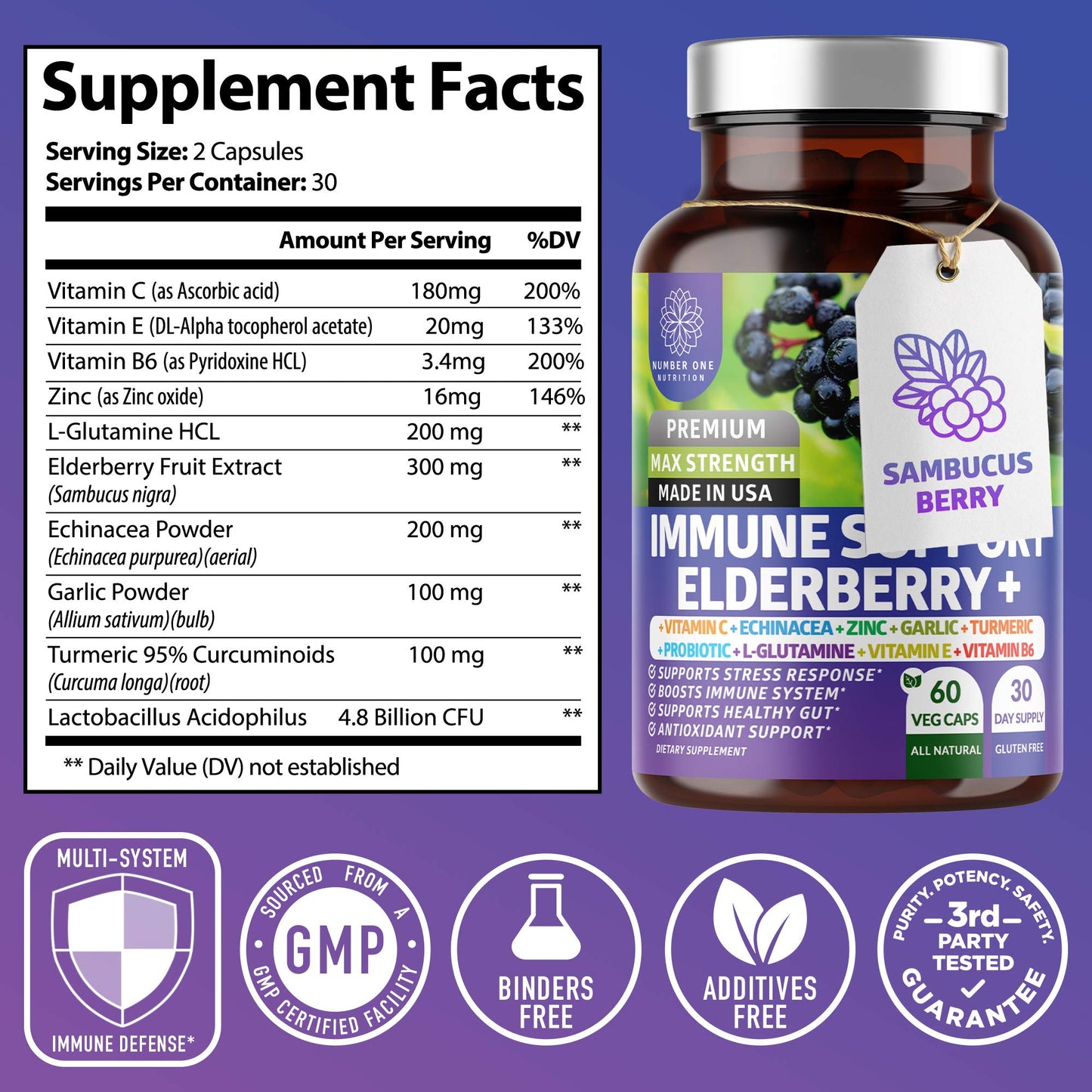 Number One Nutrition N1N Premium 10-in-1 Immune Support Supplement Capsules, 120 Capsules