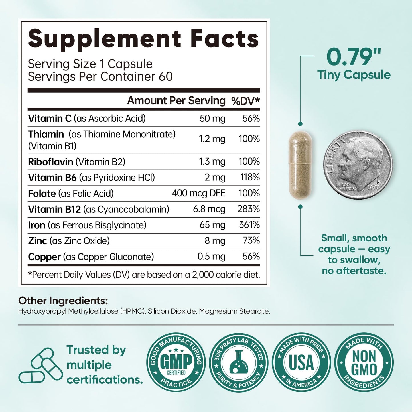 Fidus Gentle Iron Supplement 65mg with Iron Bisglycinate 350mg, Vitamin C, B-Complex, Zinc & Copper Capsule 60 Count