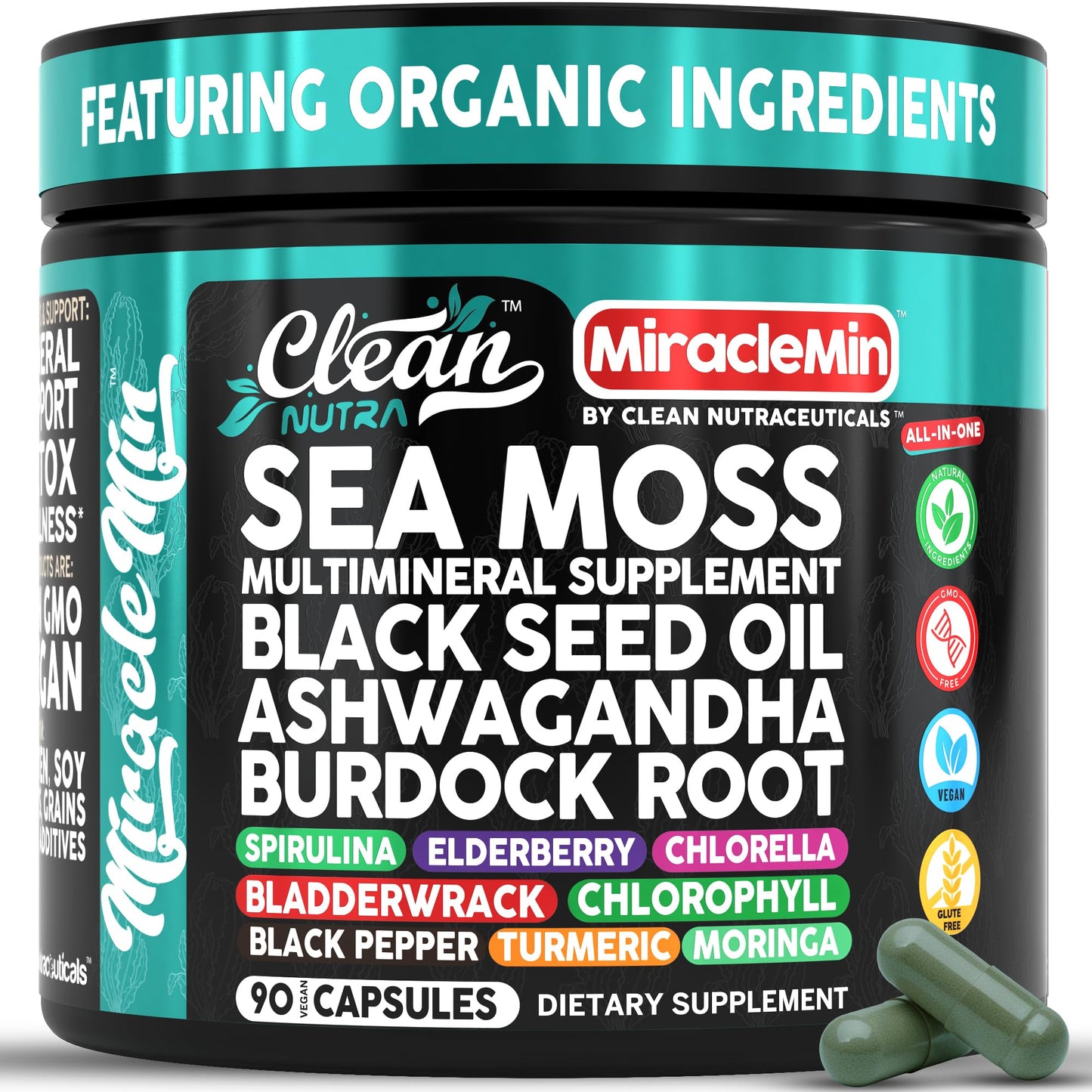 Clean Nutraceuticals Organic Sea Moss Capsules with Ashwagandha, Black Seed Oil, Burdock Root, Bladderwrack, Moringa, Chlorella, Spirulina, Turmeric, Elderberry, Amla, 90 Capsules