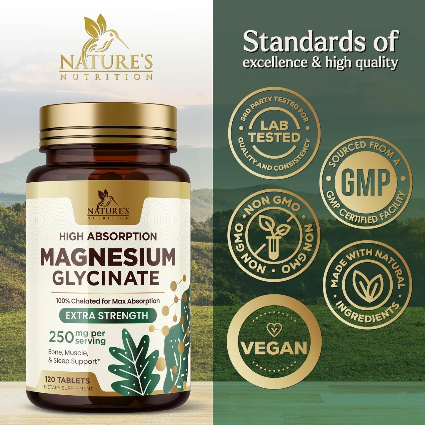 Nature's Nutrition Magnesium Glycinate 250mg Tablet, 120 Count