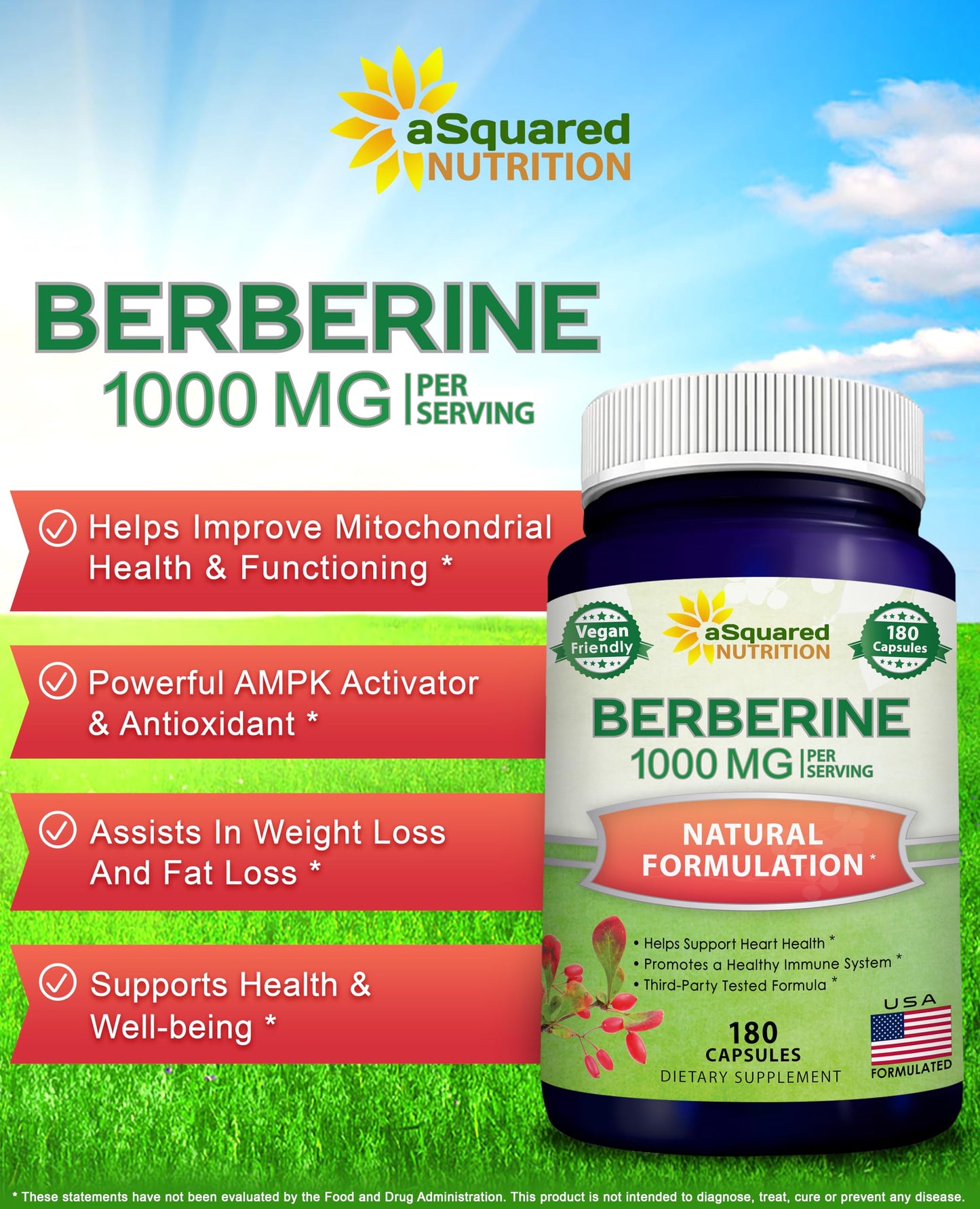 aSquared Nutrition Pure Berberine 1000mg Supplement Capsules, 180 Count