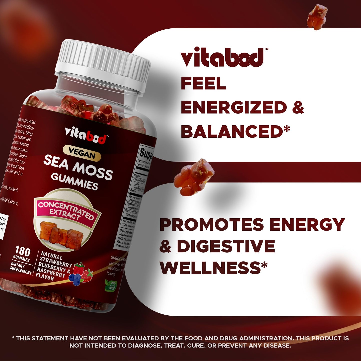 Vitabod Irish Sea Moss & Bladderwrack with Burdock Root – Botanical Extract Supplement – Vegan, Non-GMO, Plant-Based, 180 Gummies