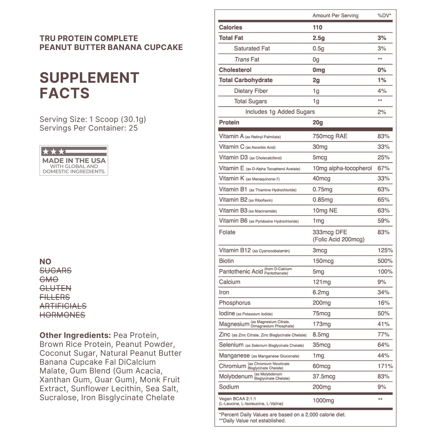 TRU Supplements Plant Based Protein Powder With BCAA & EAA, 20g Brown Rice & Pea Protein, 25 Servings
