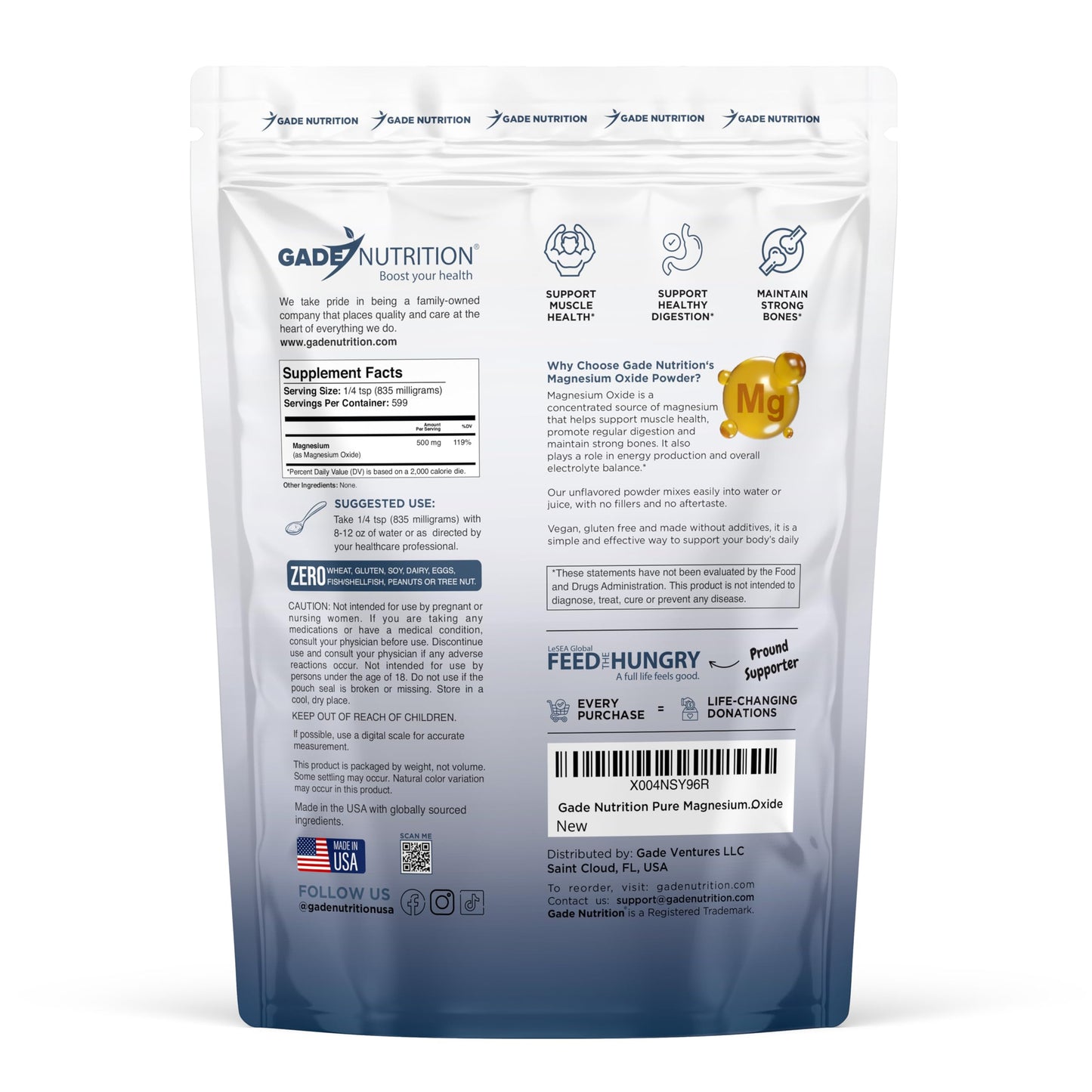 GADE NUTRITION Pure Magnesium Oxide Powder 17.6 oz