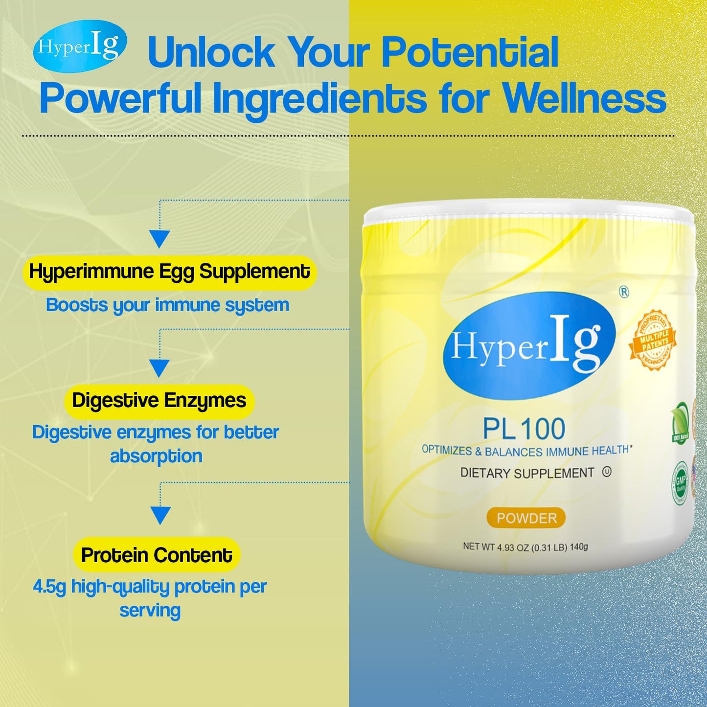 HYPERIG PL-100 Egg Protein Powder, Hyperimmune Egg Supplement, 3 Canisters