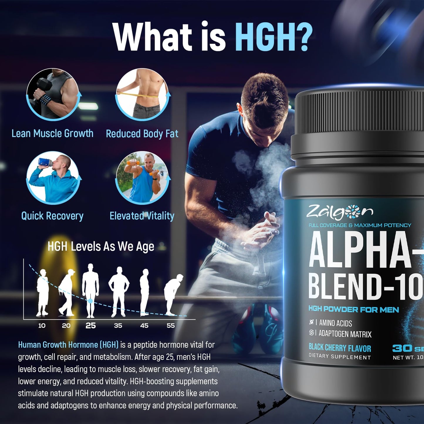 Zalgon HGH Supplements for Men, Testosterone Booster, Belly Fat Burner & Muscle Builder Powder, Black Cherry Flavor, 300 g (30 Servings)