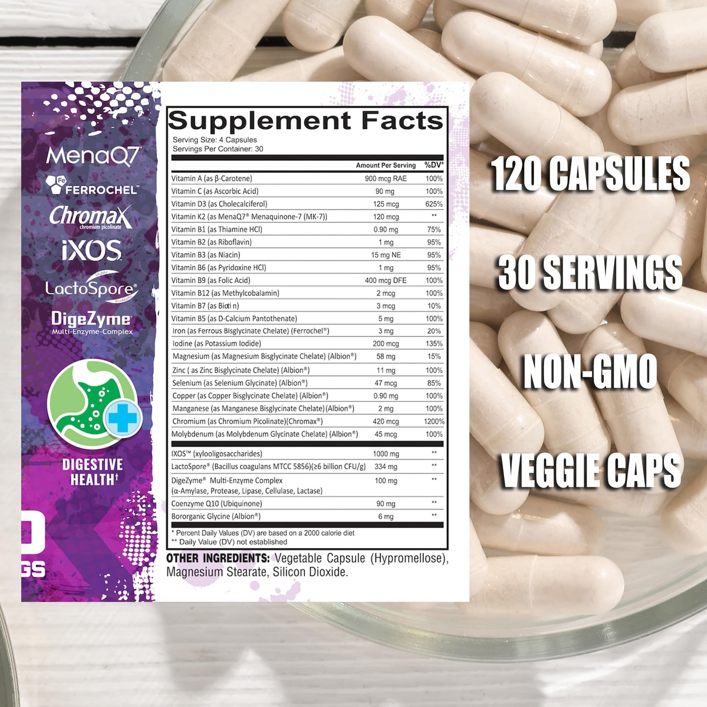 UXO Supplements Multi-Vitamin & Gut Health (All-in-One) Probiotics, Prebiotics, and Digestive Enzymes Capsule, 120 Count